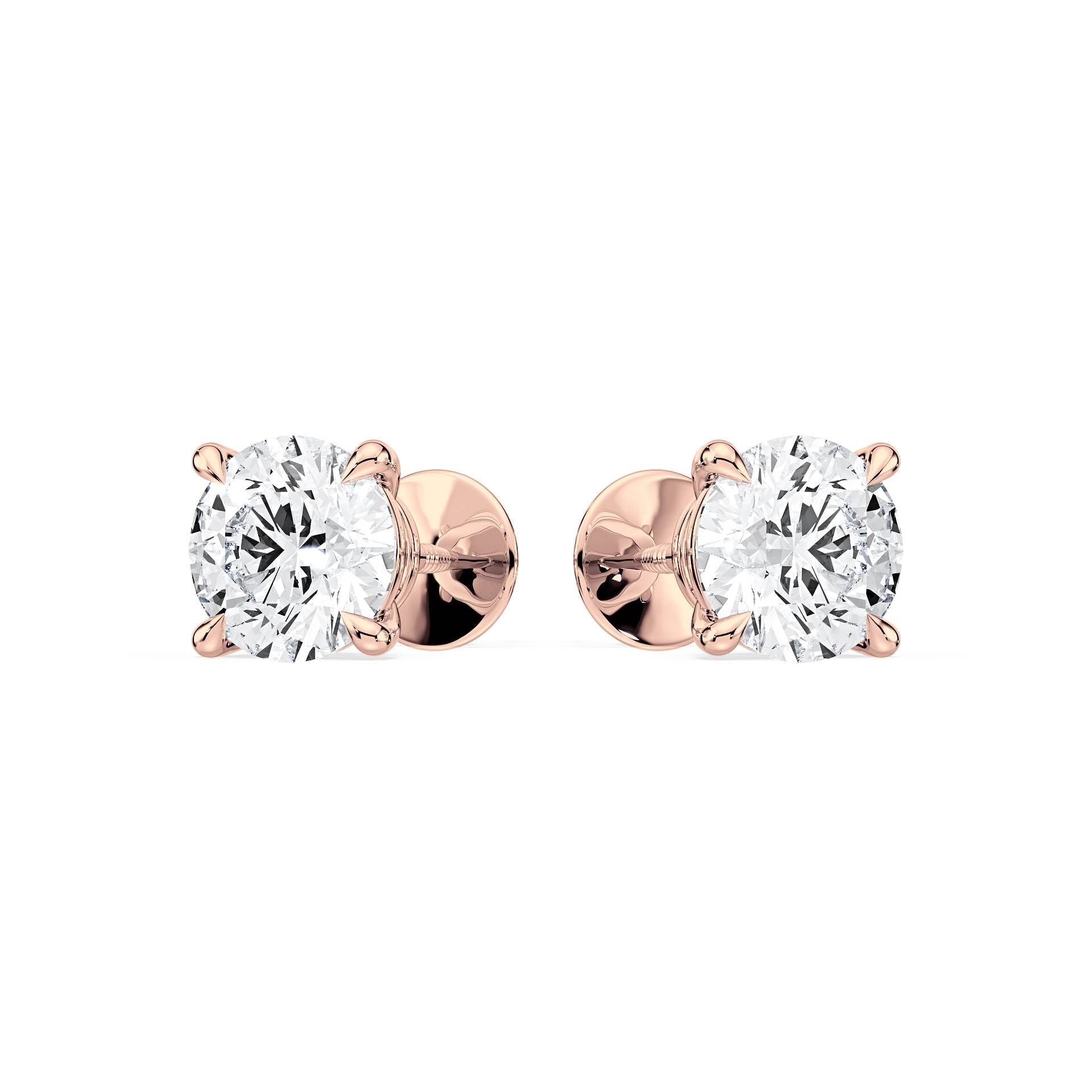 4-CLAW ROUND DIAMOND STUD EARRINGS W/SCREW ON BUTTERFLIES in 18ct Rose Gold