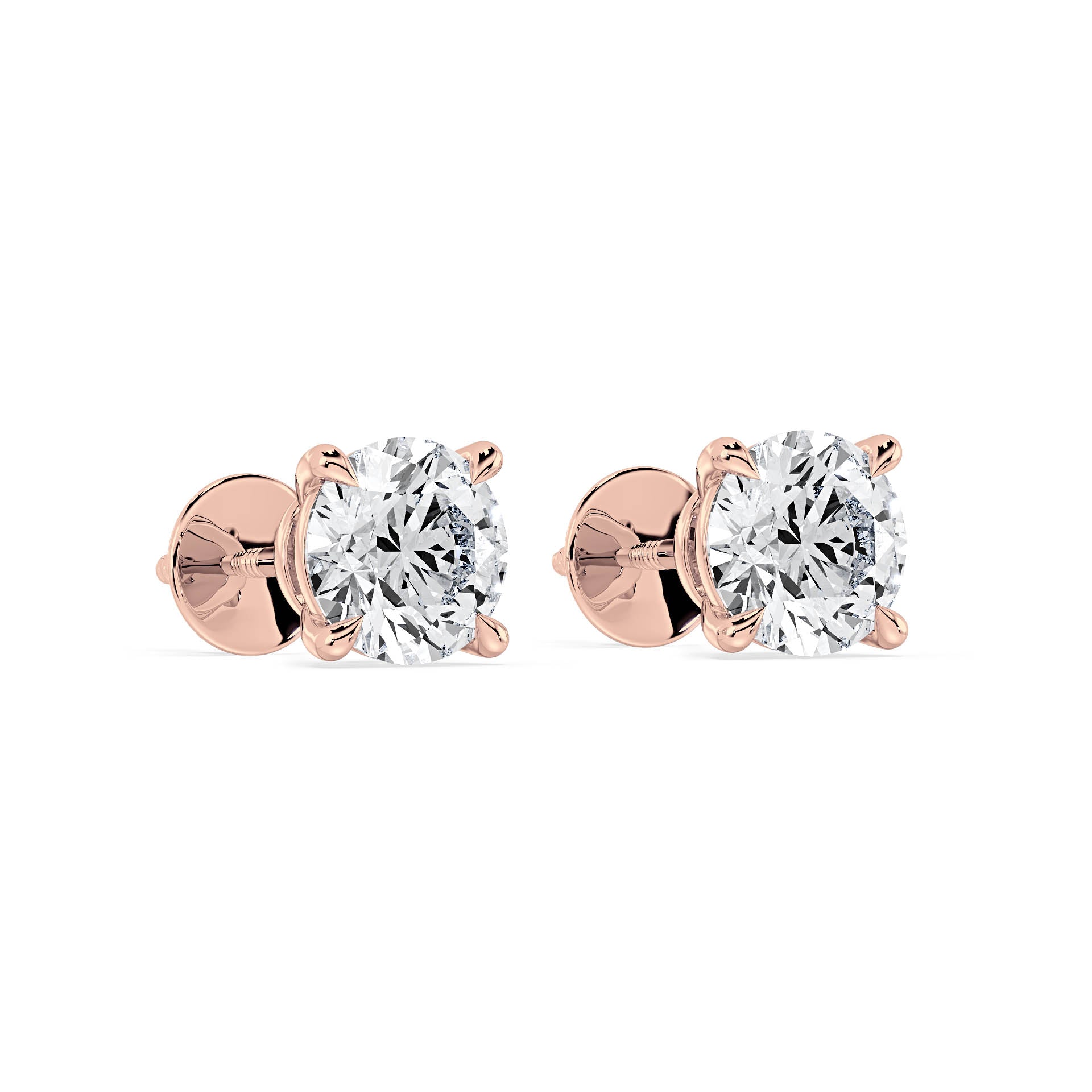 4-CLAW ROUND DIAMOND STUD EARRINGS W/SCREW ON BUTTERFLIES in 18ct Rose Gold