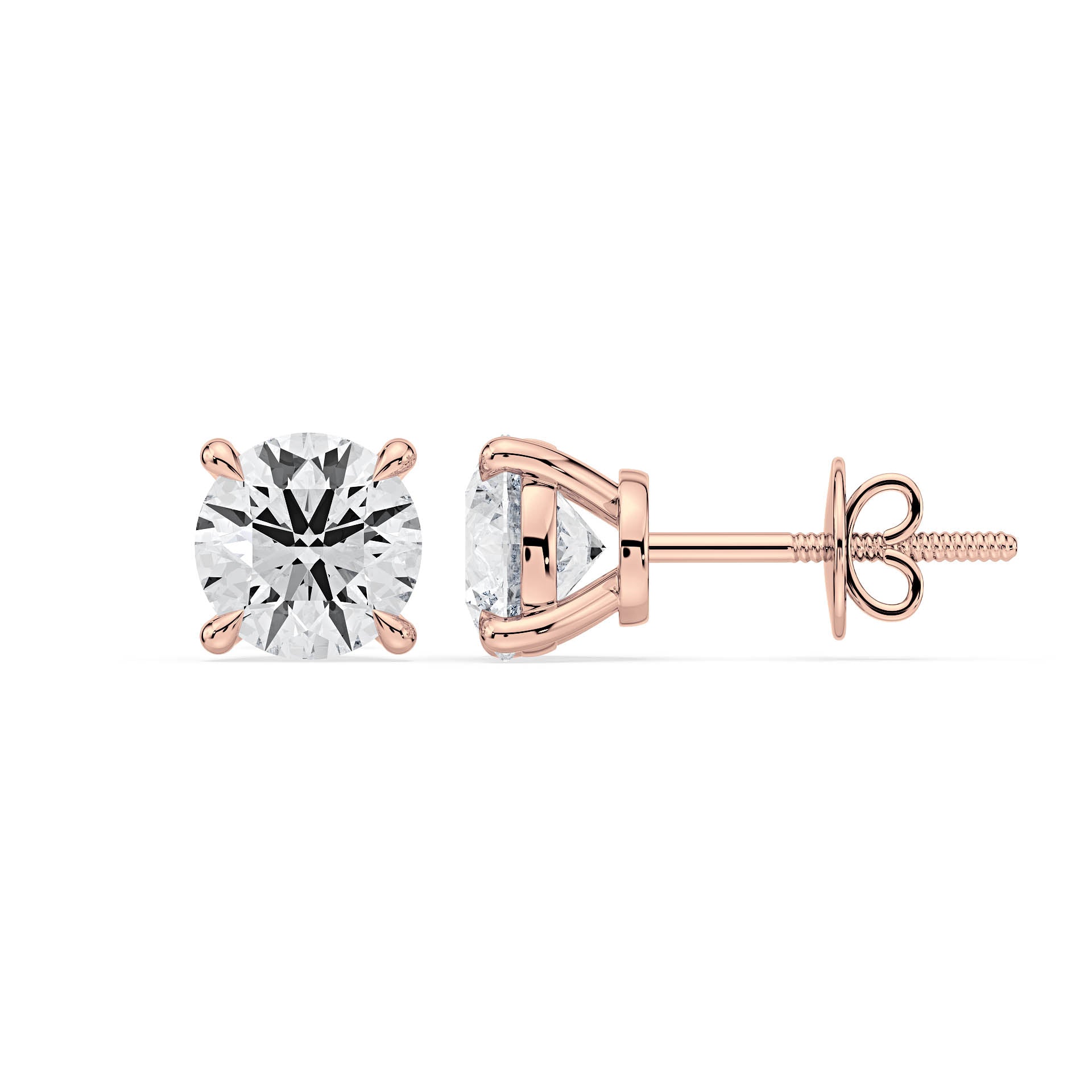 4-CLAW ROUND DIAMOND STUD EARRINGS W/SCREW ON BUTTERFLIES in 18ct Rose Gold