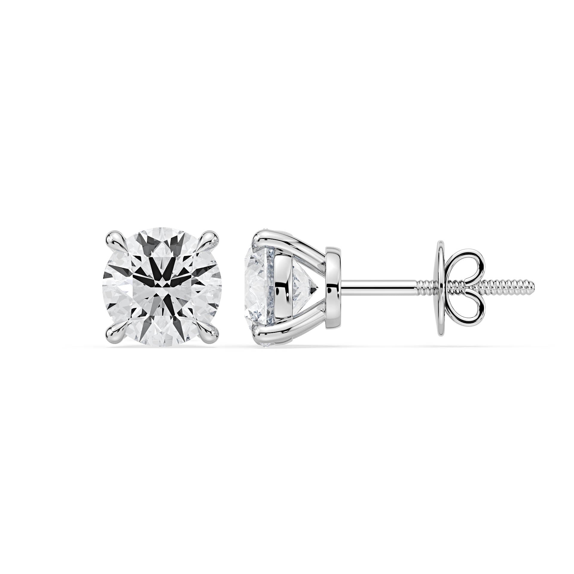 4-CLAW ROUND DIAMOND STUD EARRINGS W/SCREW ON BUTTERFLIES in 18ct White Gold