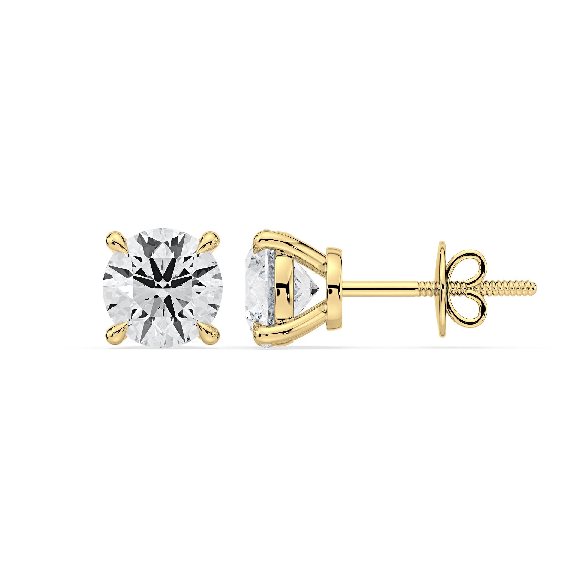 4-CLAW ROUND DIAMOND STUD EARRINGS W/SCREW ON BUTTERFLIES in 18ct Yellow Gold