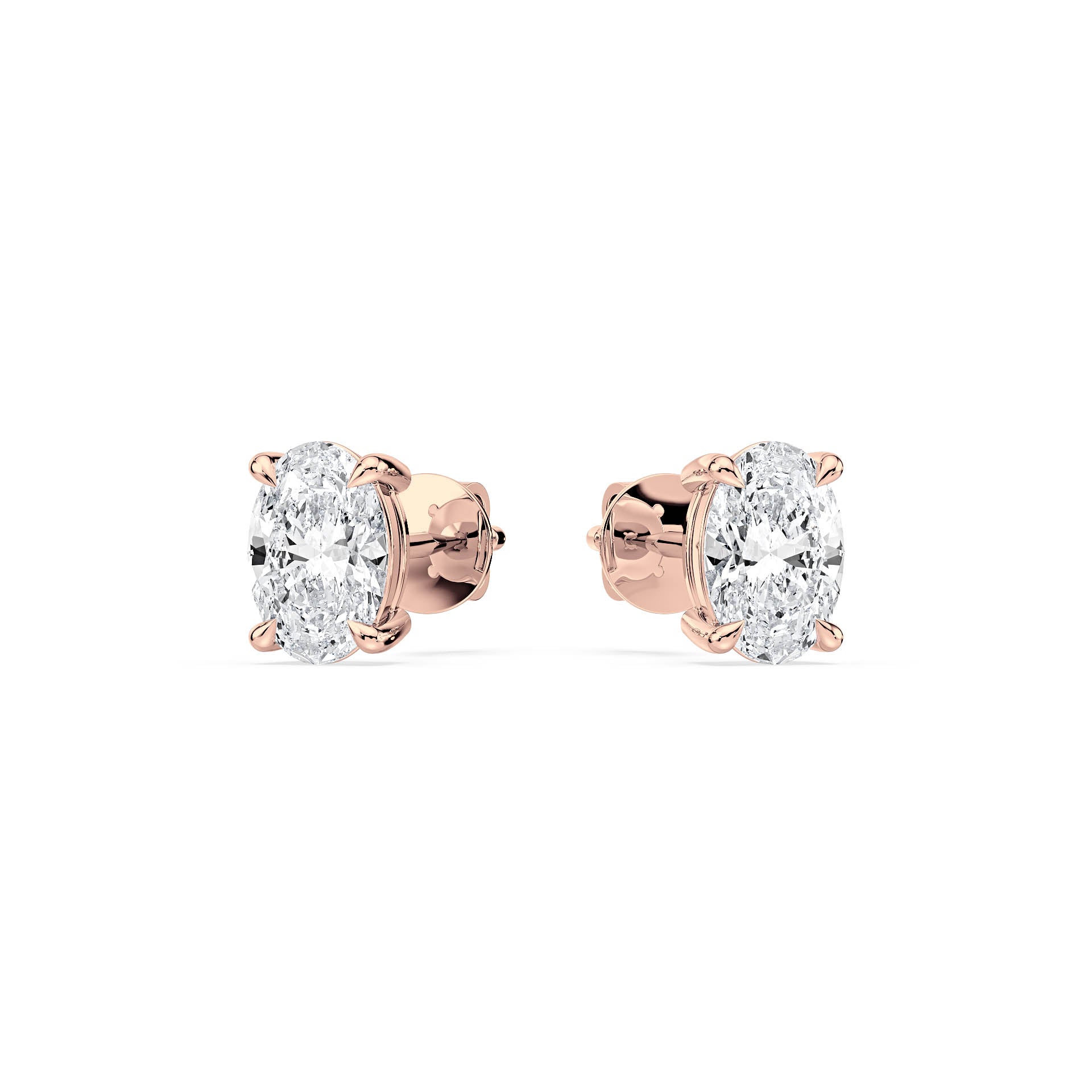 4-CLAW OVAL DIAMOND STUD EARRINGS W/PUSH BACK BUTTERFLIES in 18ct Rose Gold