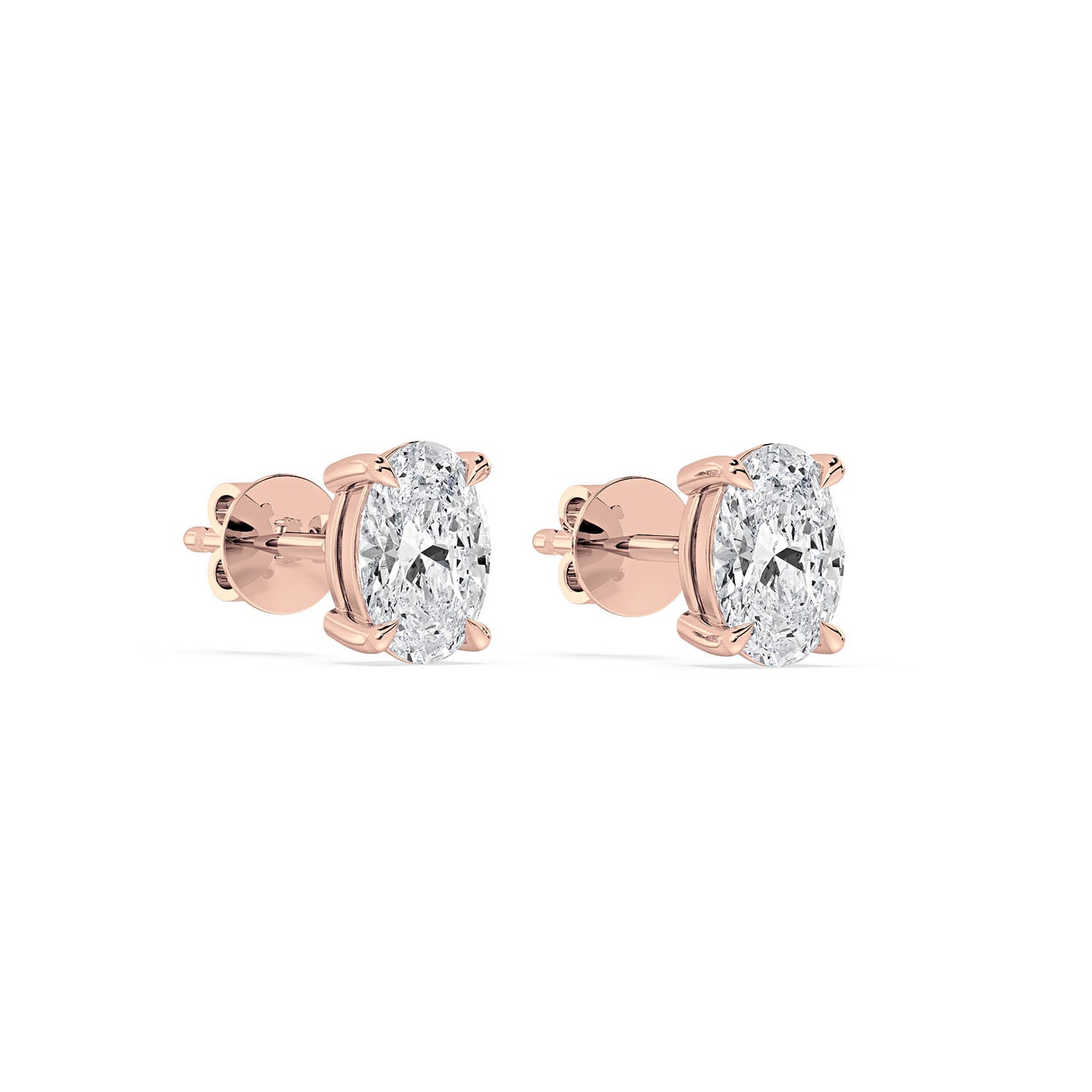 4-CLAW OVAL DIAMOND STUD EARRINGS W/PUSH BACK BUTTERFLIES in 18ct Rose Gold