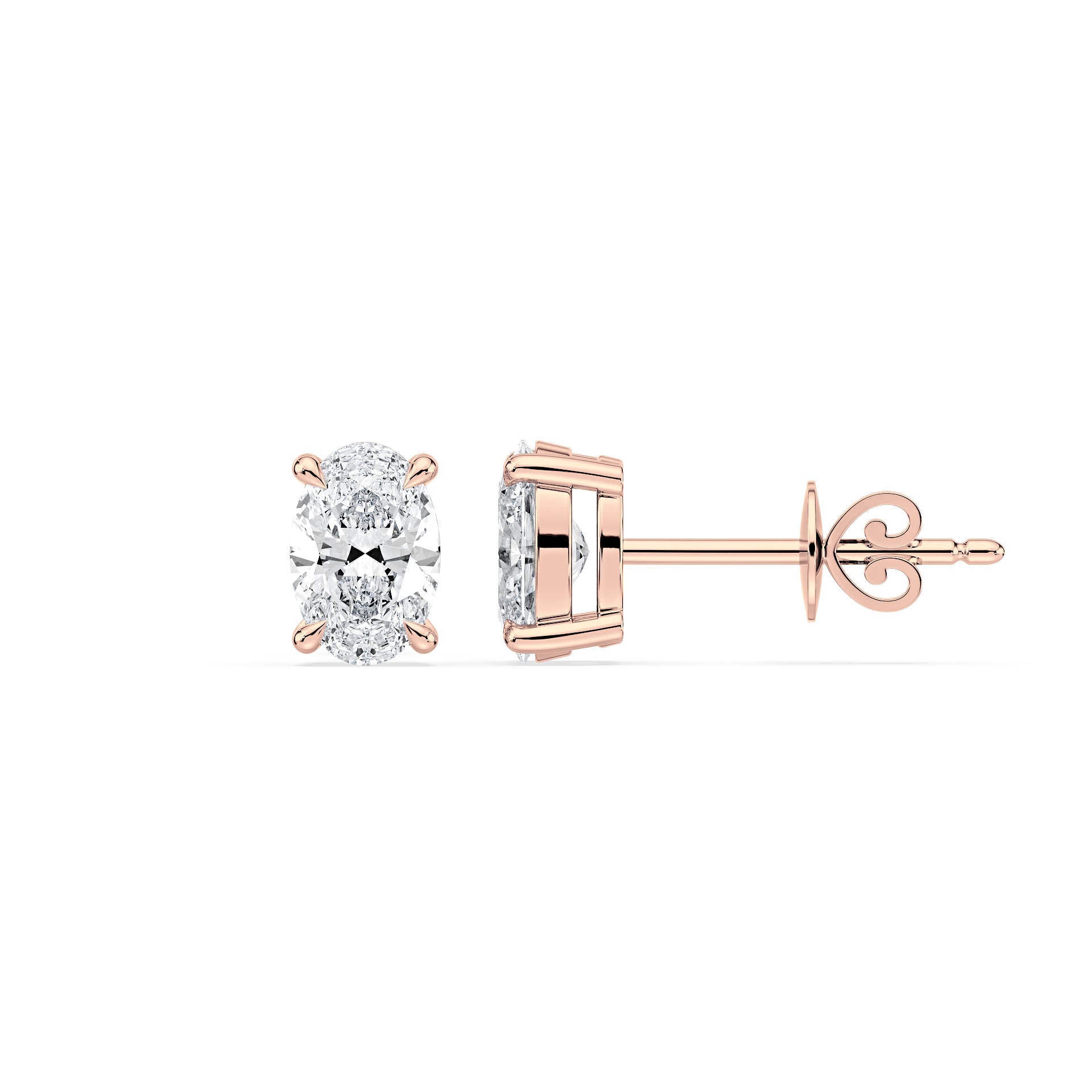 4-CLAW OVAL DIAMOND STUD EARRINGS W/PUSH BACK BUTTERFLIES in 18ct Rose Gold