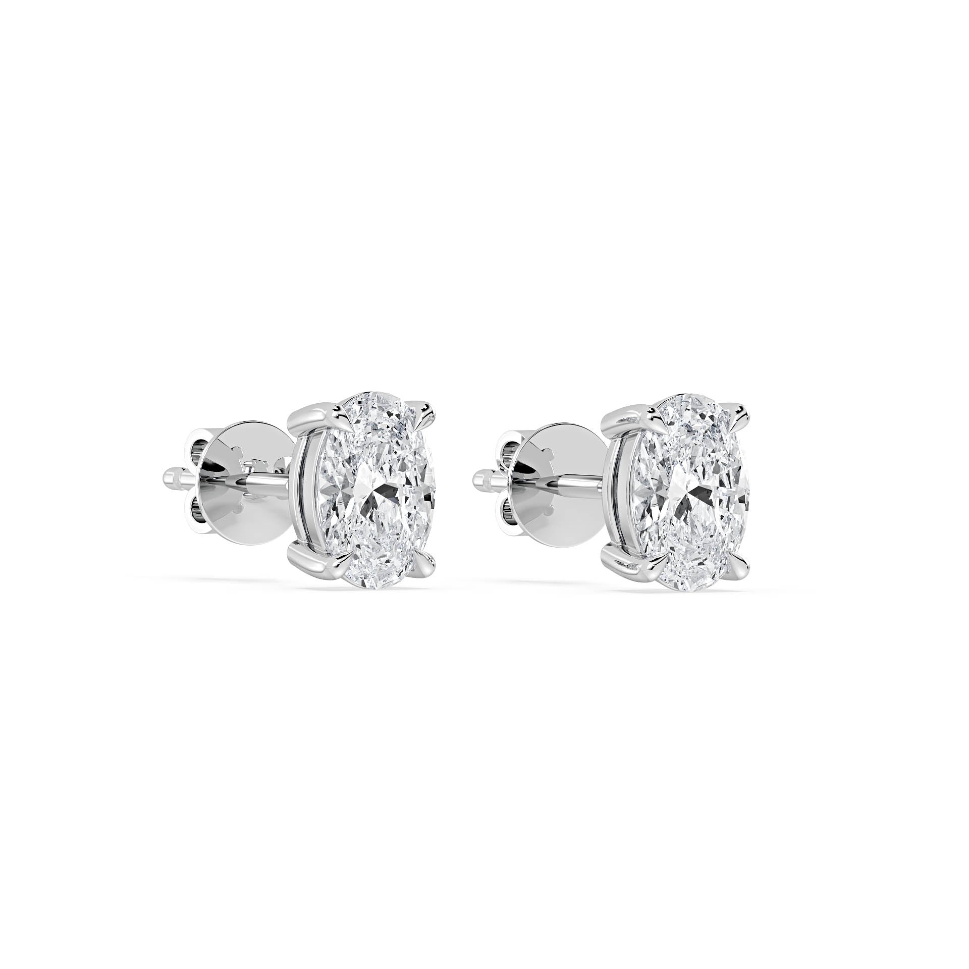 4-CLAW OVAL DIAMOND STUD EARRINGS W/PUSH BACK BUTTERFLIES in 18ct White Gold