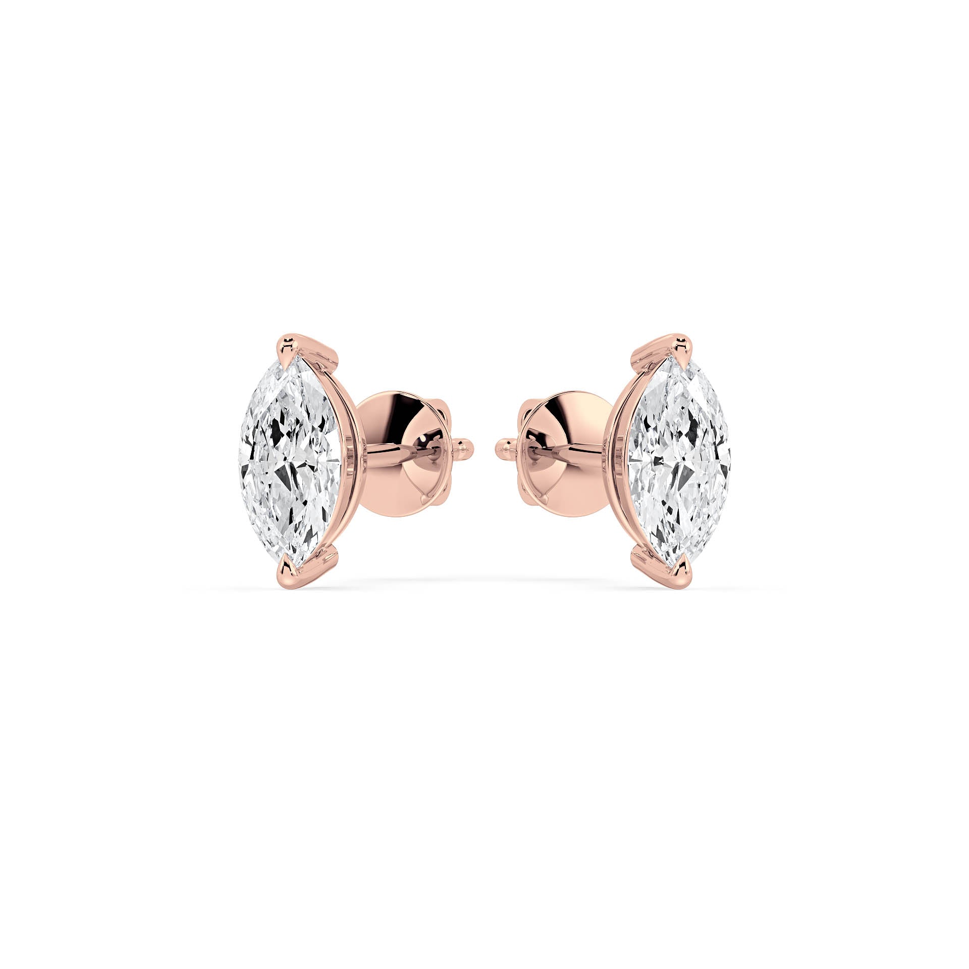 2-CLAW MARQUISE DIAMOND STUD EARRINGS W/PUSH BACK BUTTERFLIES in 18ct Rose Gold