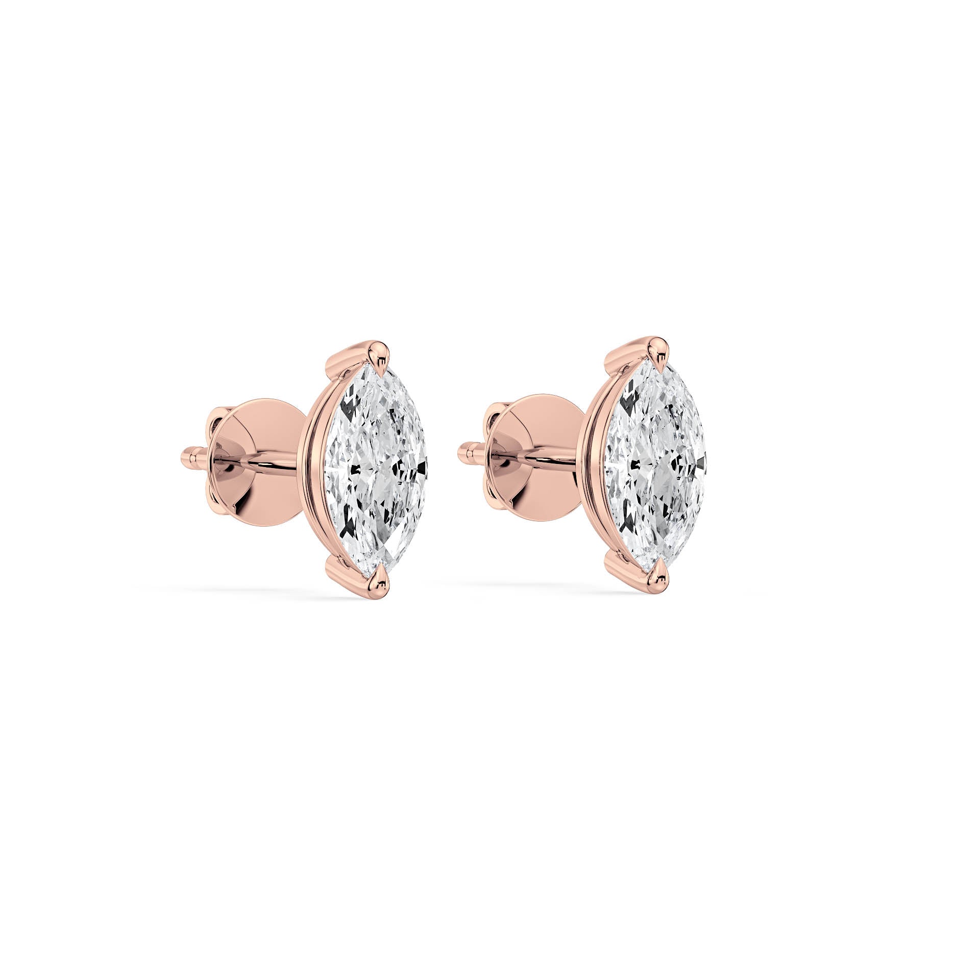 2-CLAW MARQUISE DIAMOND STUD EARRINGS W/PUSH BACK BUTTERFLIES in 18ct Rose Gold