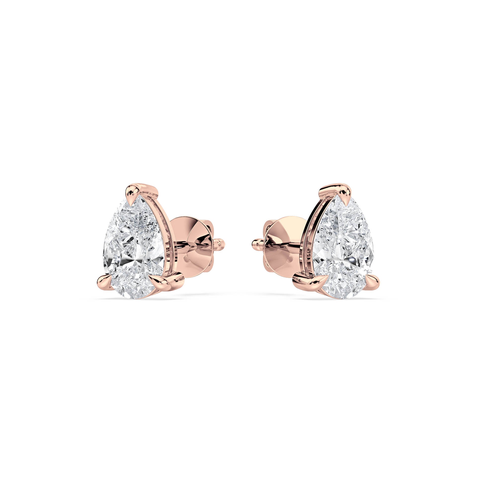 3-CLAW PEAR DIAMOND STUD EARRINGS W/PUSH BACK BUTTERFLIES in 18ct Rose Gold