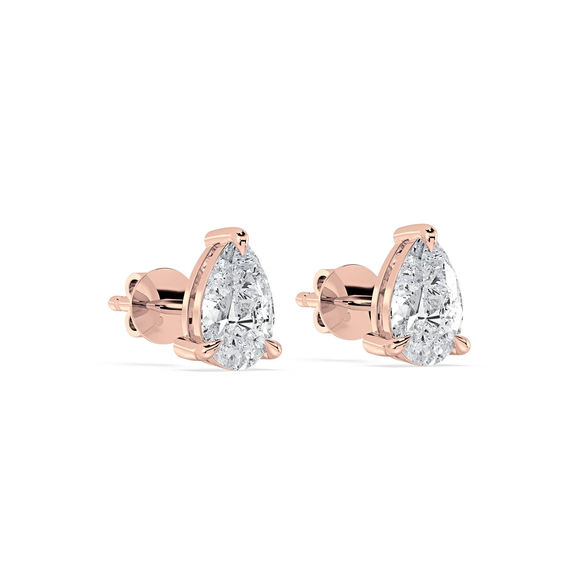 3-CLAW PEAR DIAMOND STUD EARRINGS W/PUSH BACK BUTTERFLIES in 18ct Rose Gold