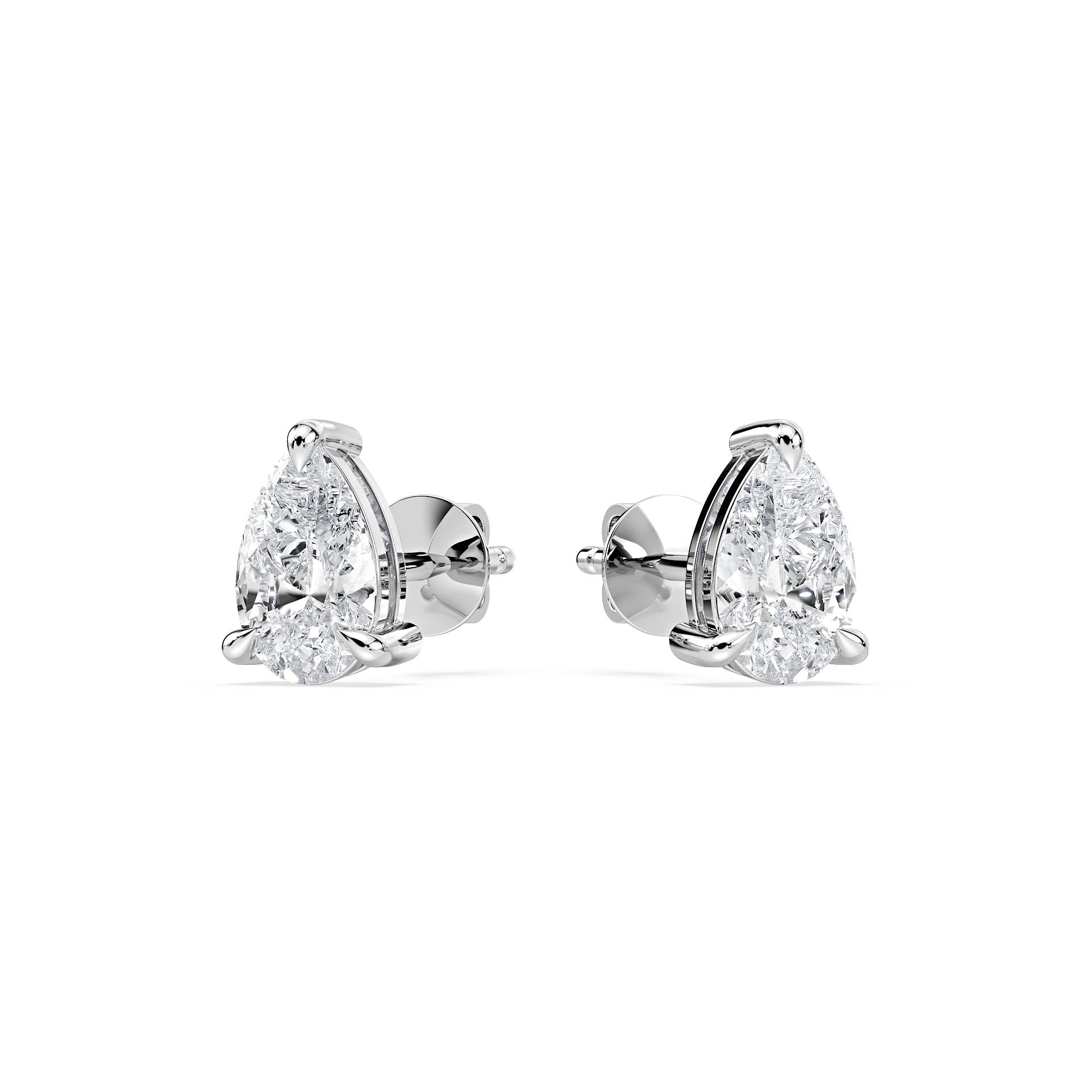 3-CLAW PEAR DIAMOND STUD EARRINGS W/PUSH BACK BUTTERFLIES in 18ct White Gold