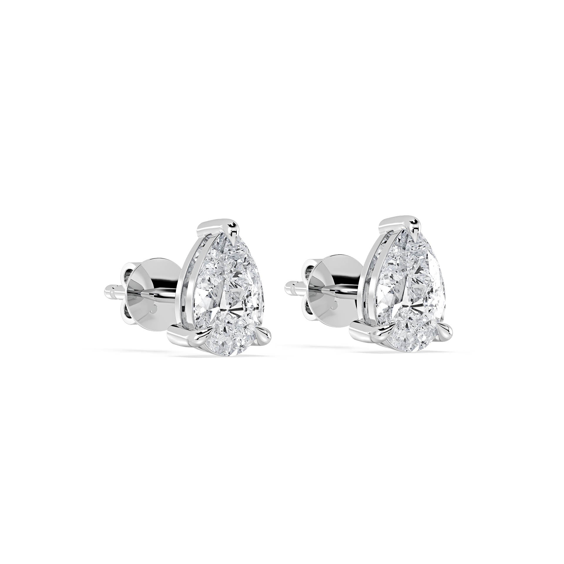 3-CLAW PEAR DIAMOND STUD EARRINGS W/PUSH BACK BUTTERFLIES in 18ct White Gold