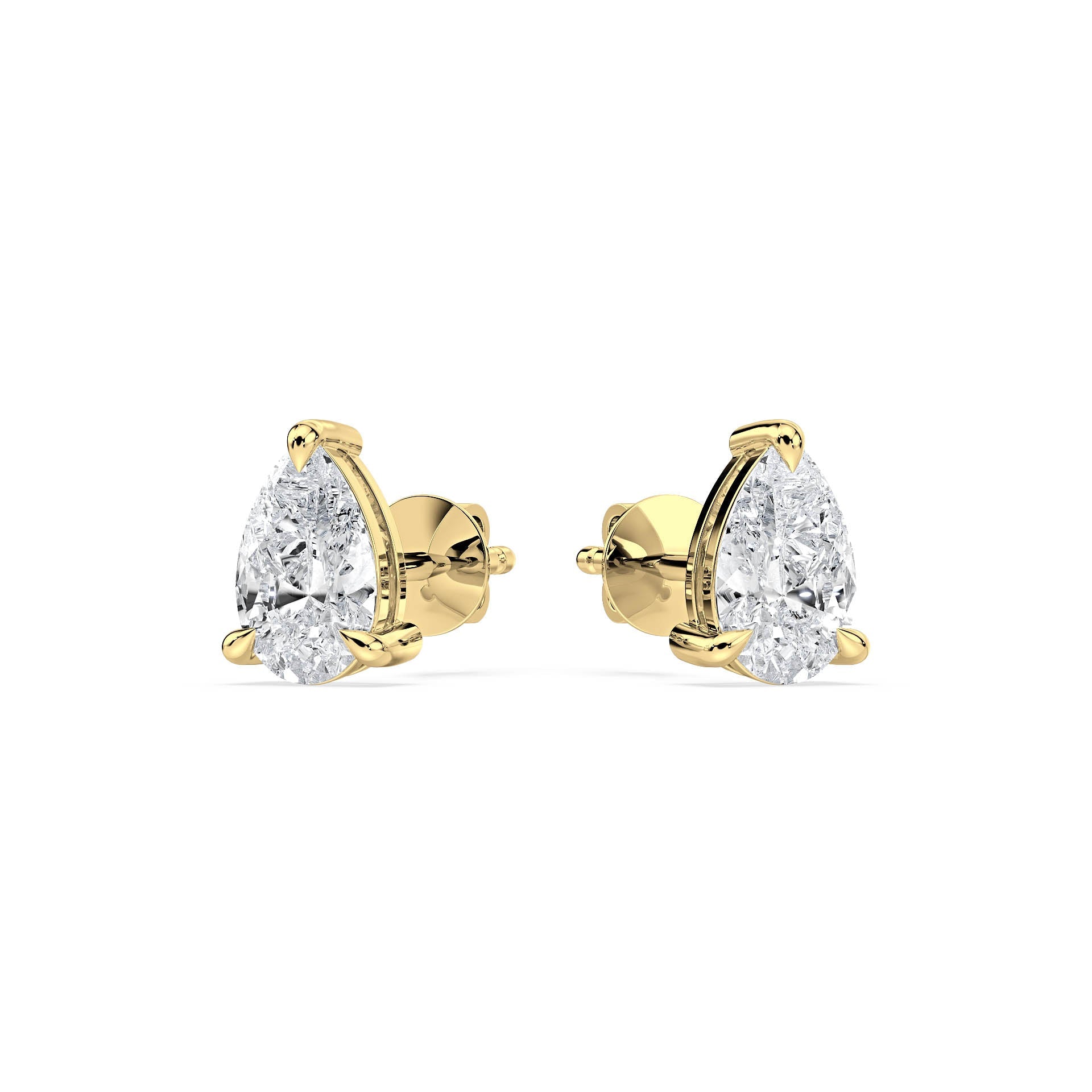 3-CLAW PEAR DIAMOND STUD EARRINGS W/PUSH BACK BUTTERFLIES in 18ct Yellow Gold