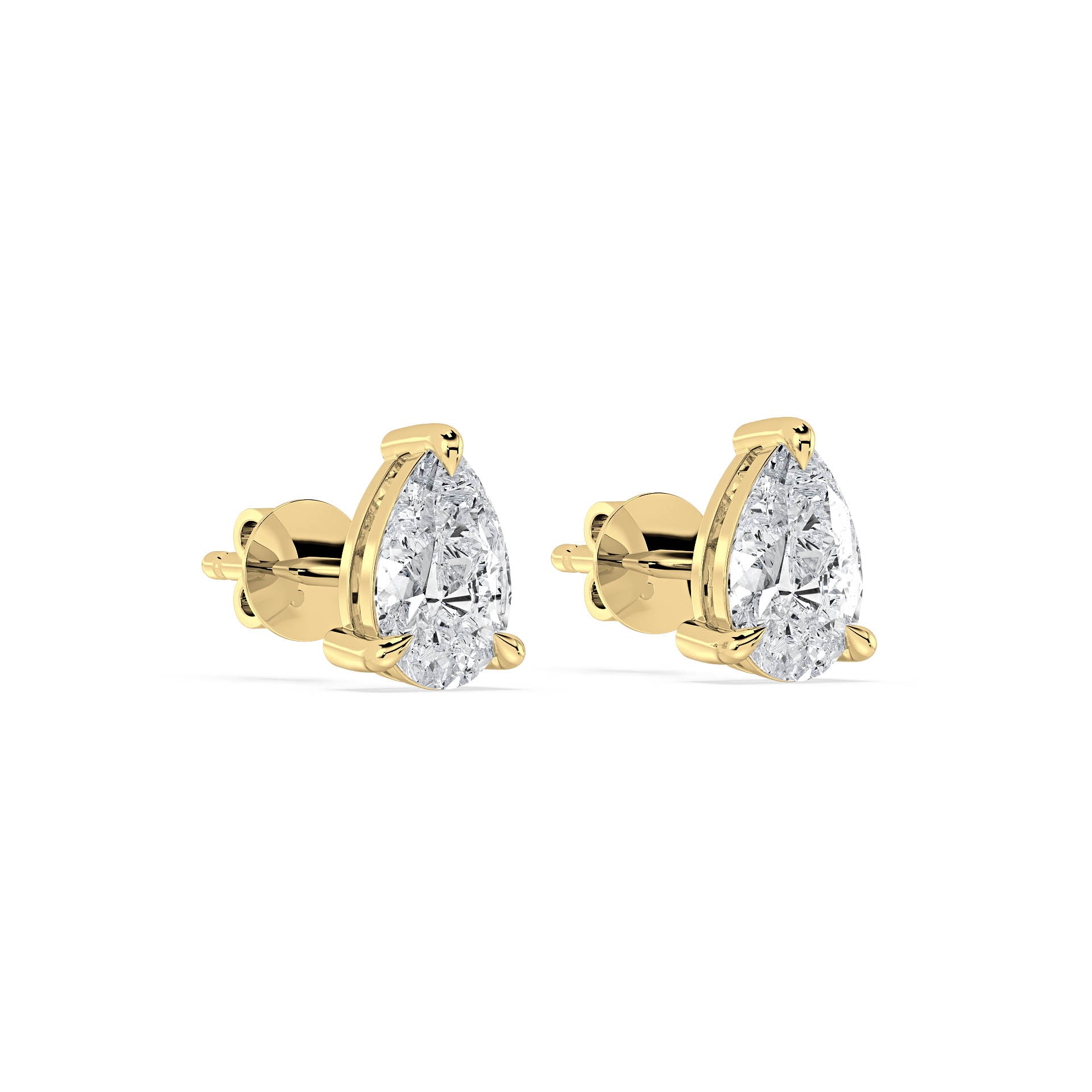 3-CLAW PEAR DIAMOND STUD EARRINGS W/PUSH BACK BUTTERFLIES in 18ct Yellow Gold