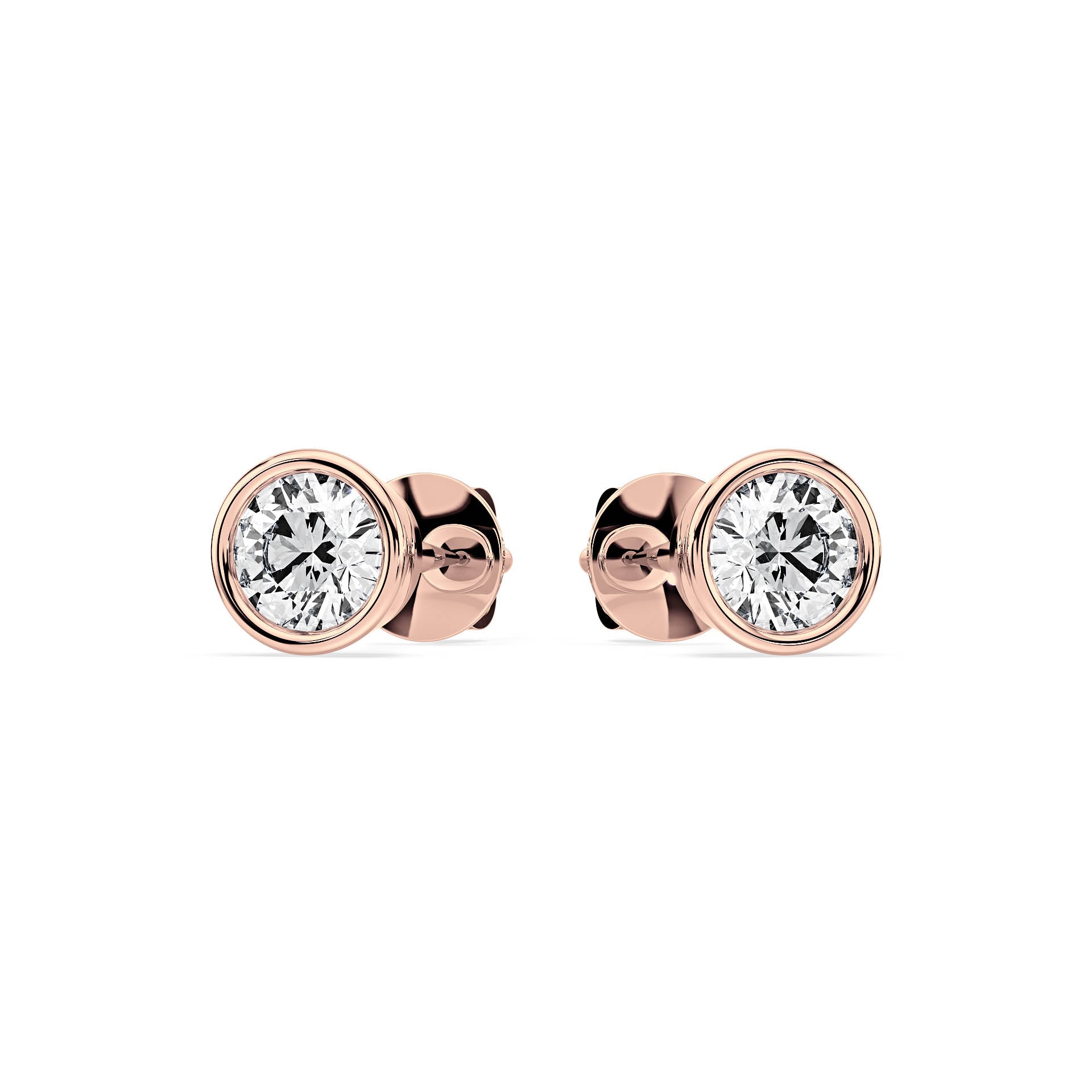 BEZEL-SET ROUND DIAMOND STUD EARRINGS W/PUSH BACK BUTTERFLIES in 18ct Rose Gold