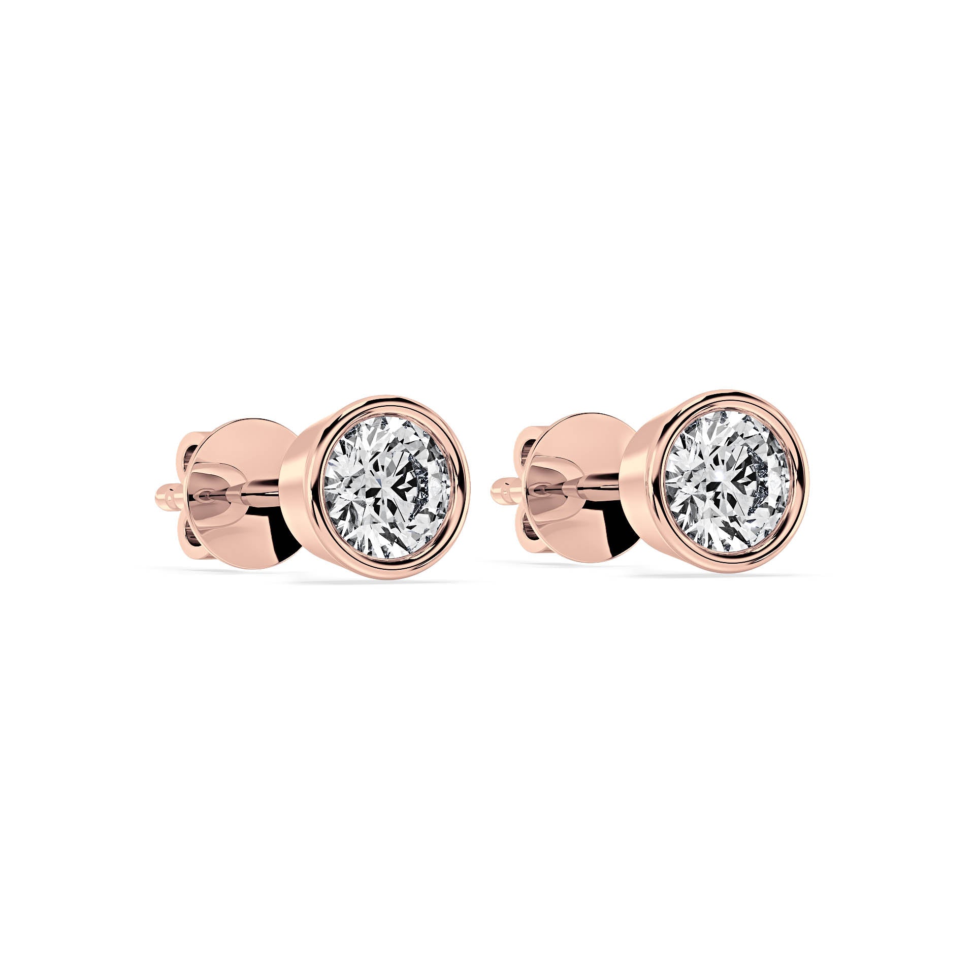 BEZEL-SET ROUND DIAMOND STUD EARRINGS W/PUSH BACK BUTTERFLIES in 18ct Rose Gold