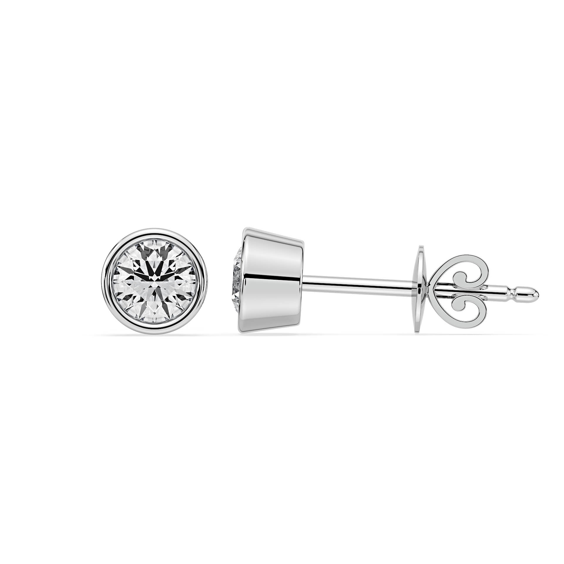 BEZEL-SET ROUND DIAMOND STUD EARRINGS W/PUSH BACK BUTTERFLIES in 18ct White Gold