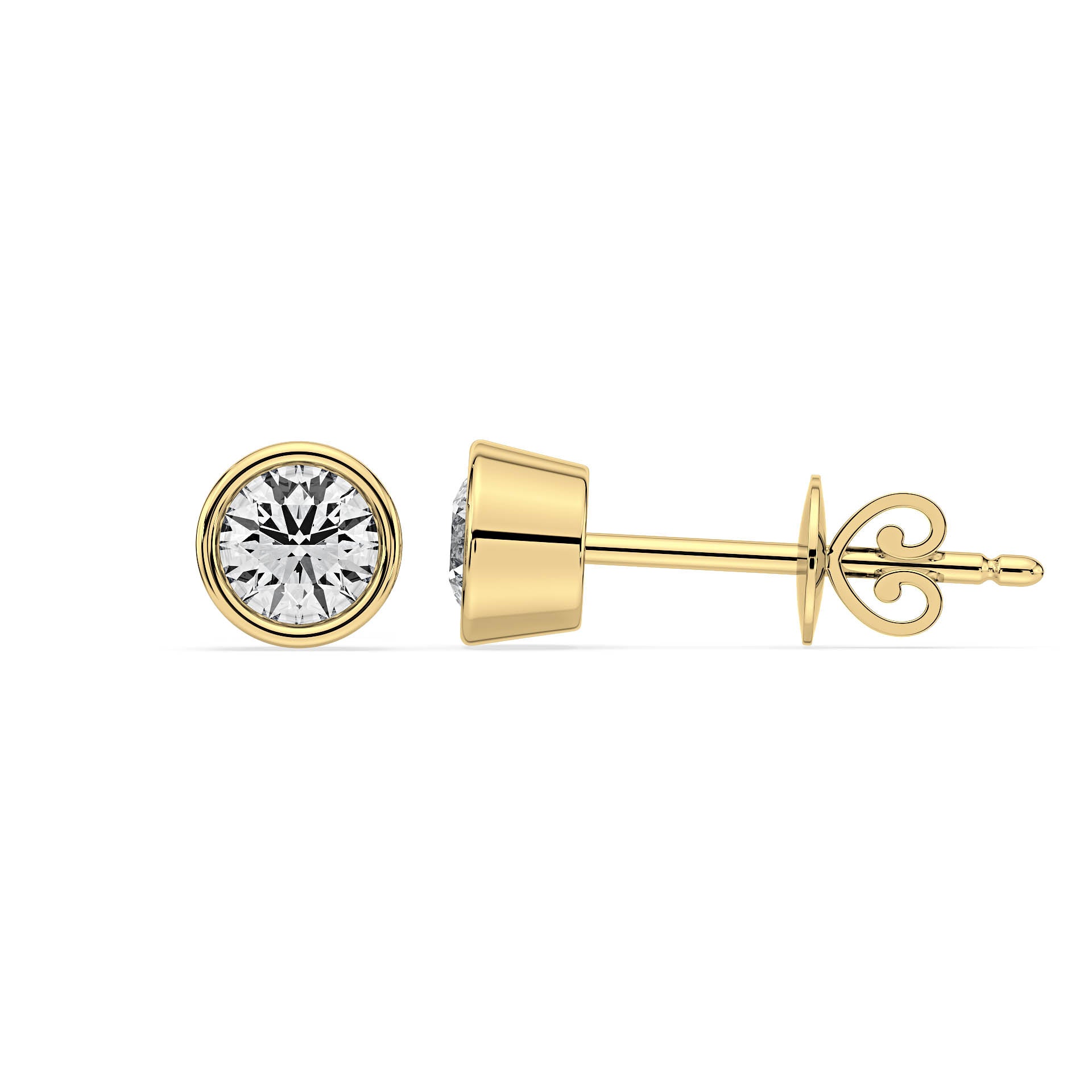 BEZEL-SET ROUND DIAMOND STUD EARRINGS W/PUSH BACK BUTTERFLIES in 18ct Yellow Gold