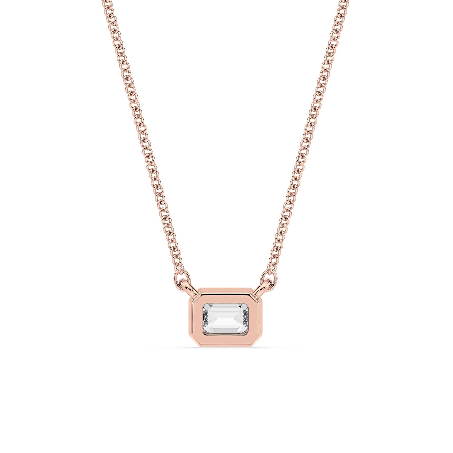 BEZEL-SET EMERALD CUT DIAMOND PENDANT/NECKLACE in 18ct Rose Gold