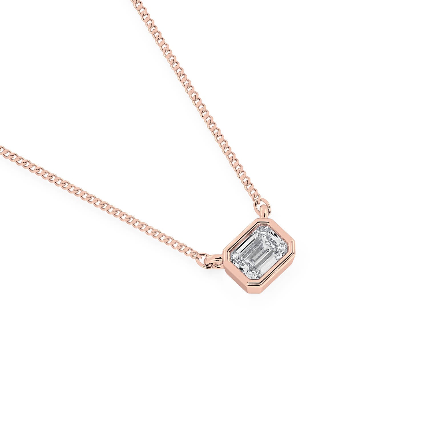 BEZEL-SET EMERALD CUT DIAMOND PENDANT/NECKLACE in 18ct Rose Gold