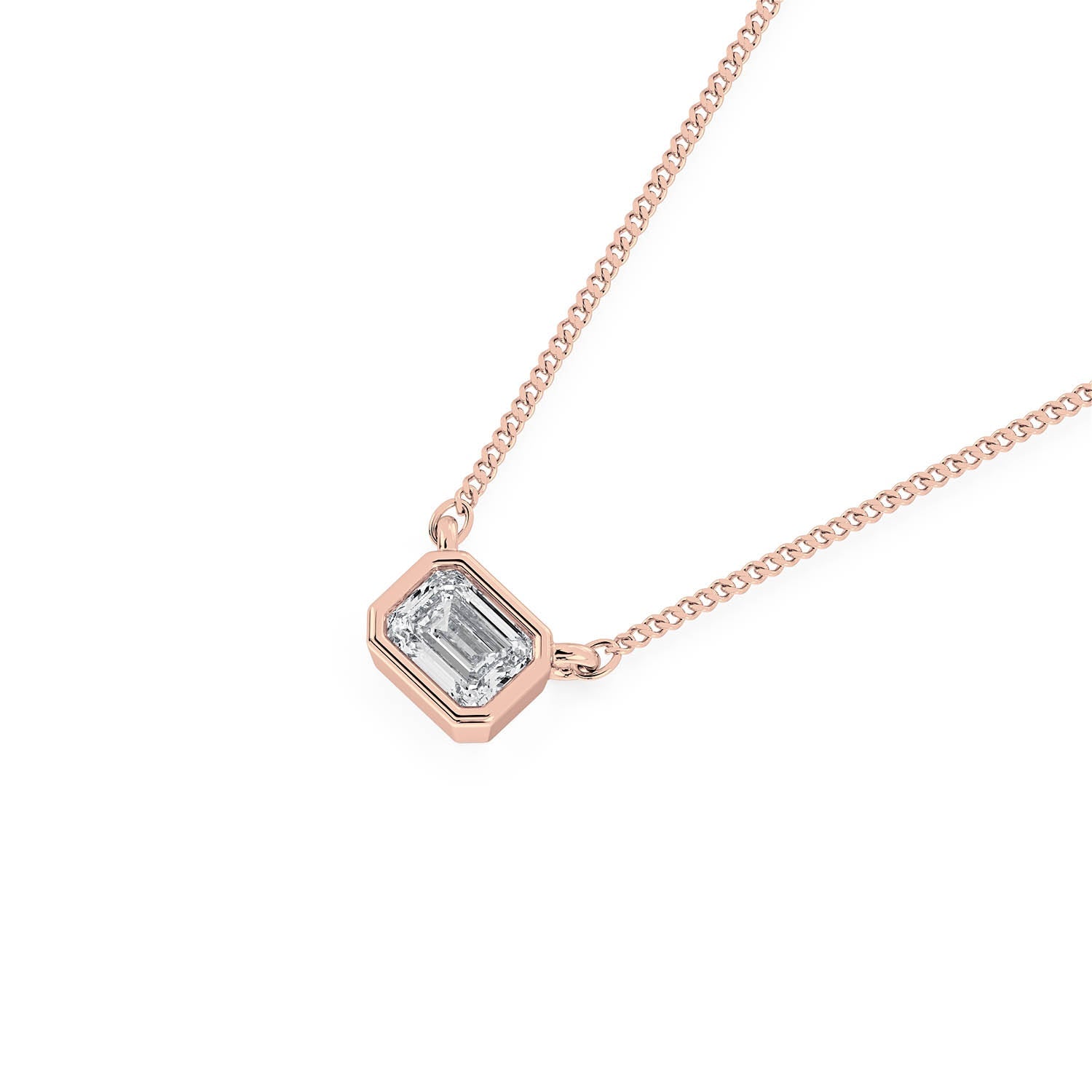 BEZEL-SET EMERALD CUT DIAMOND PENDANT/NECKLACE in 18ct Rose Gold