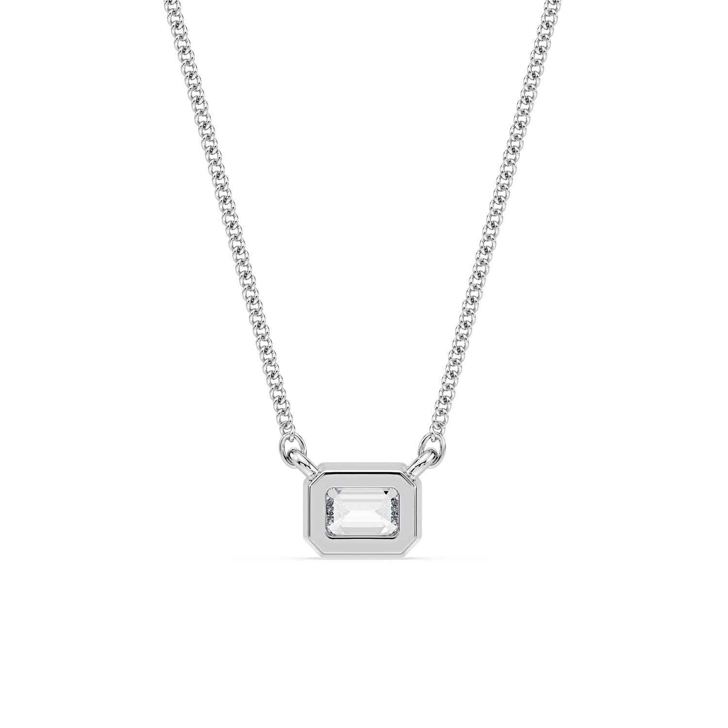 BEZEL-SET EMERALD CUT DIAMOND PENDANT/NECKLACE in 18ct White Gold