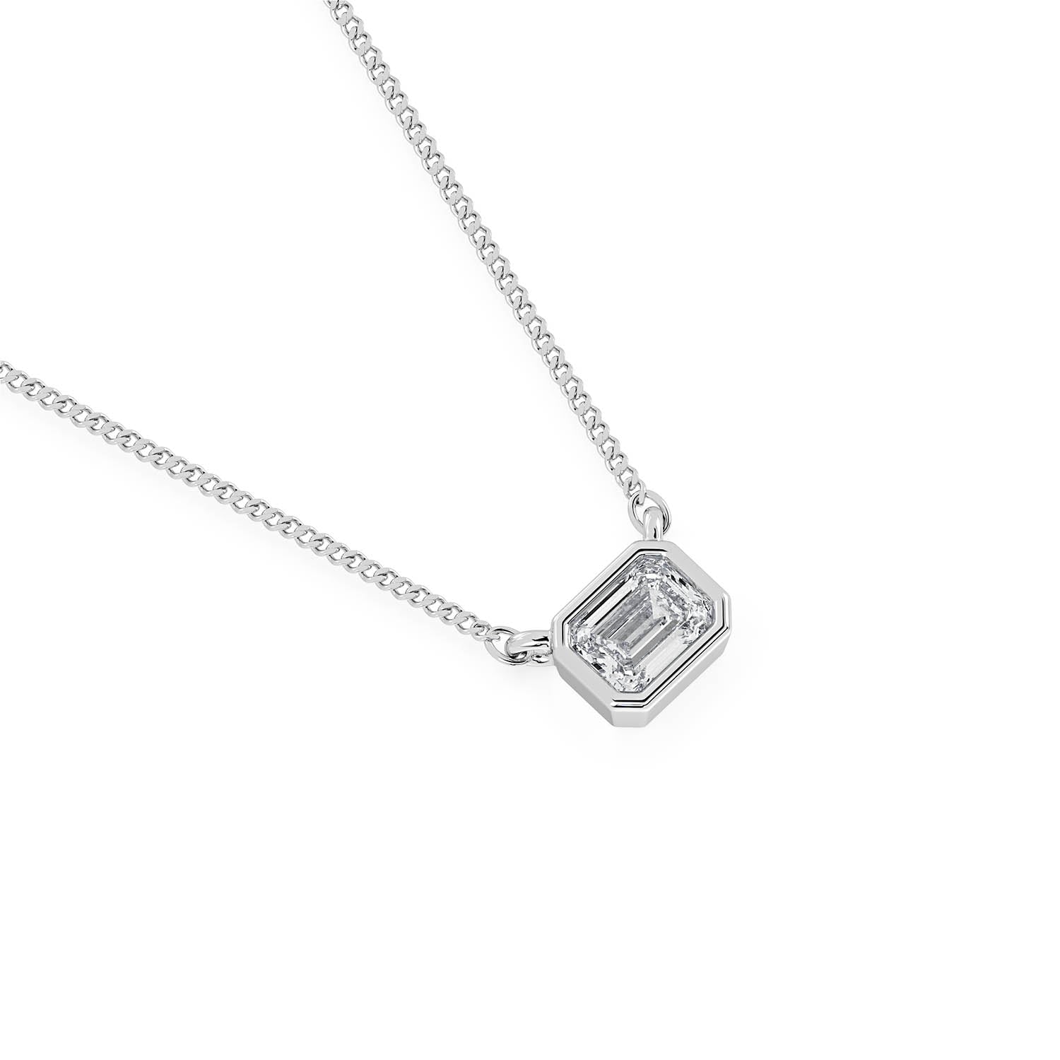 BEZEL-SET EMERALD CUT DIAMOND PENDANT/NECKLACE in 18ct White Gold