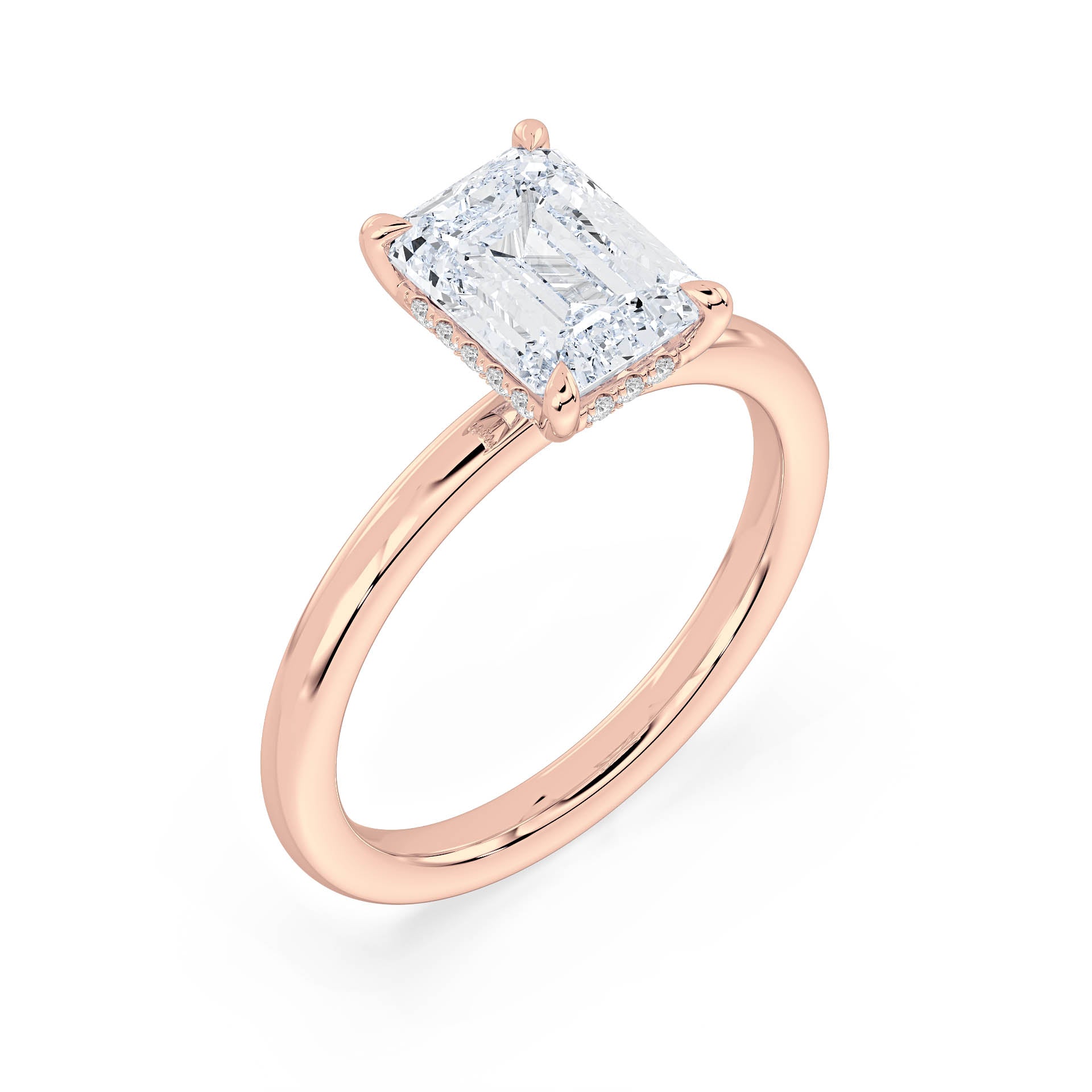 4-CLAW SOLITAIRE EMERALD CUT DIAMOND ENGAGEMENT RING WITH HIDDEN HALO in 18ct Rose Gold