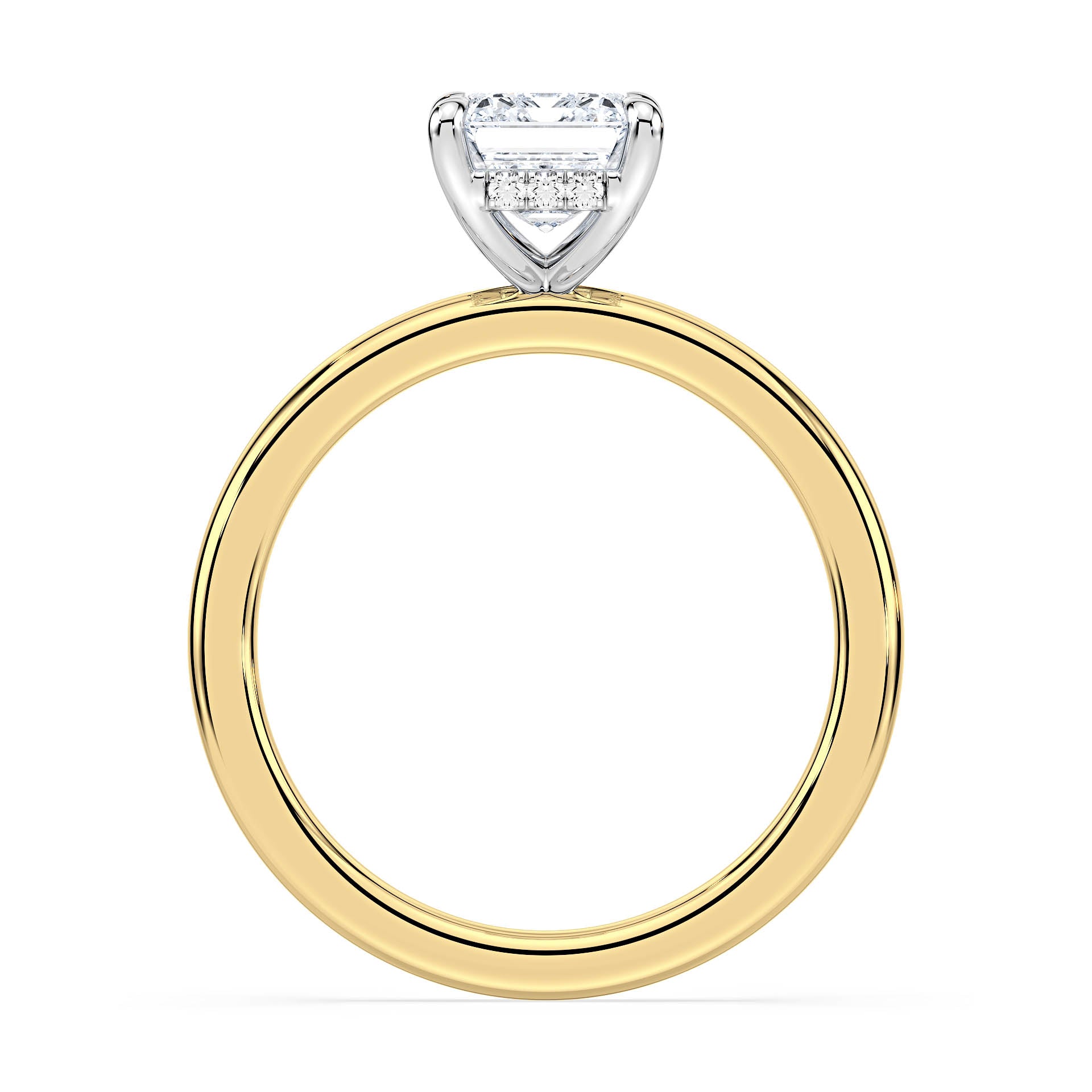 4-CLAW SOLITAIRE EMERALD CUT DIAMOND ENGAGEMENT RING WITH HIDDEN HALO in 18ct Two Tone Gold