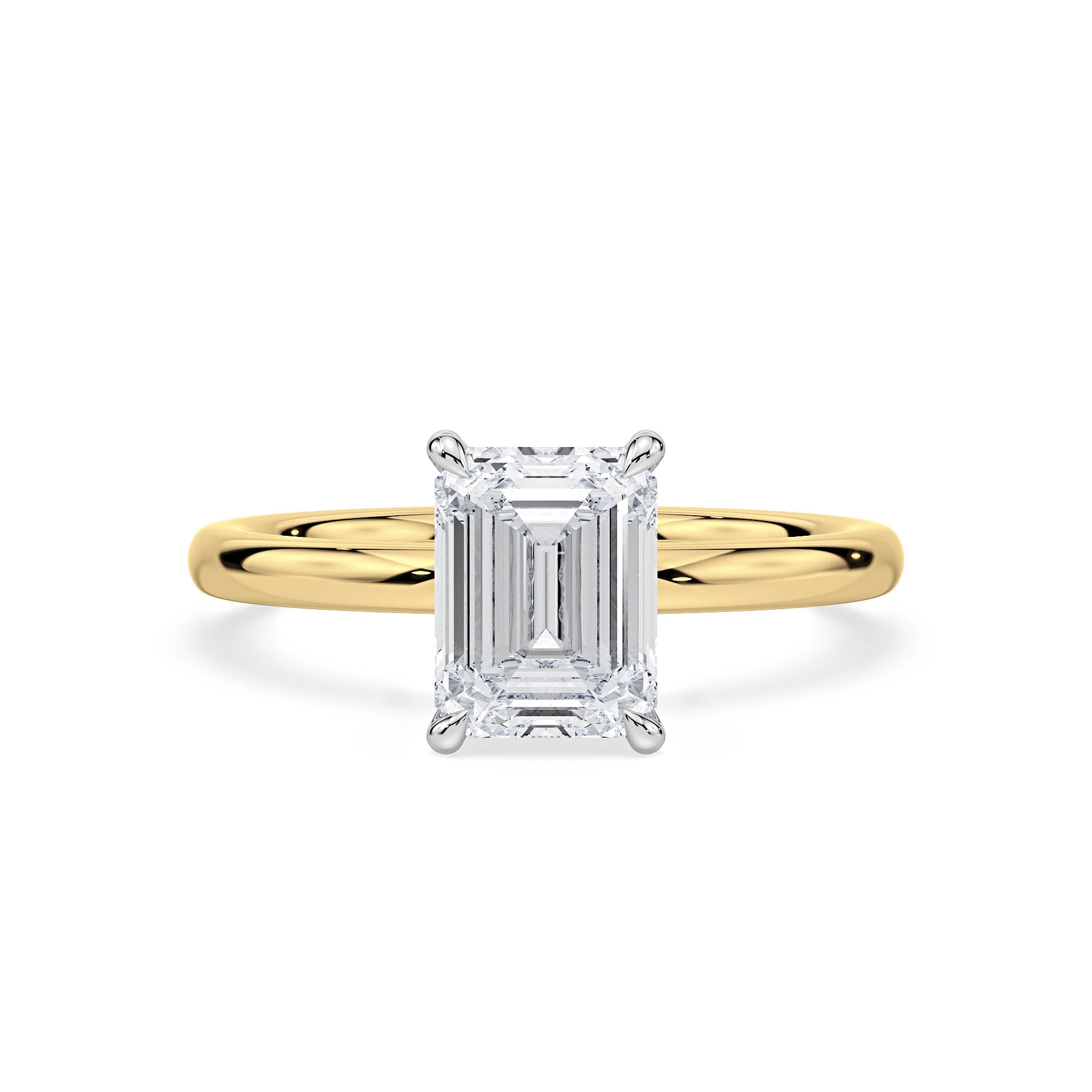 4-CLAW SOLITAIRE EMERALD CUT DIAMOND ENGAGEMENT RING WITH HIDDEN HALO in 18ct Two Tone Gold