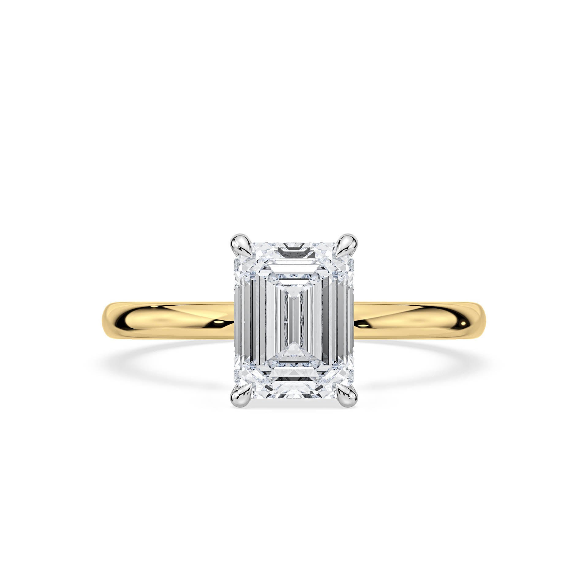 4-CLAW SOLITAIRE EMERALD CUT DIAMOND ENGAGEMENT RING WITH HIDDEN HALO in 18ct Two Tone Gold