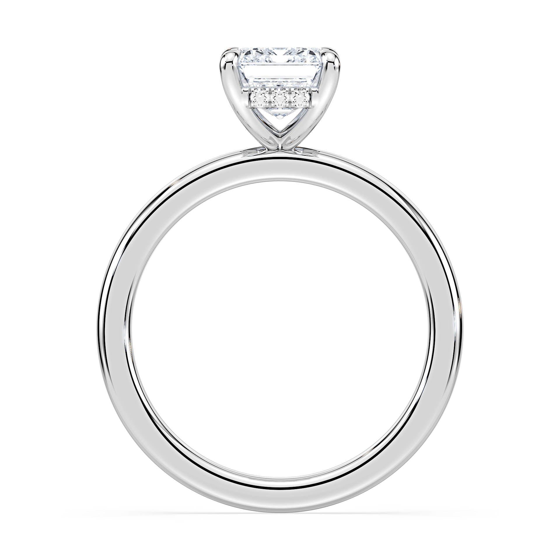 4-CLAW SOLITAIRE EMERALD CUT DIAMOND ENGAGEMENT RING WITH HIDDEN HALO in 18ct White Gold