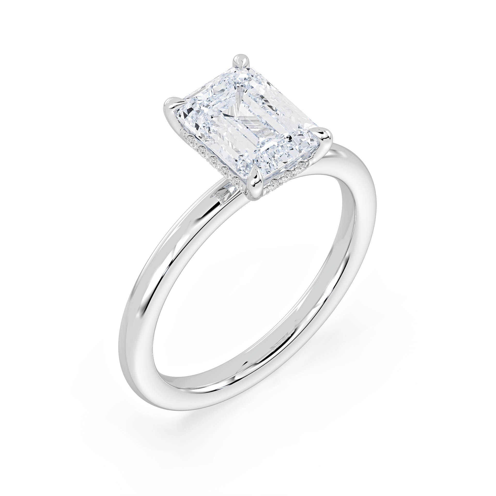 4-CLAW SOLITAIRE EMERALD CUT DIAMOND ENGAGEMENT RING WITH HIDDEN HALO in 18ct White Gold