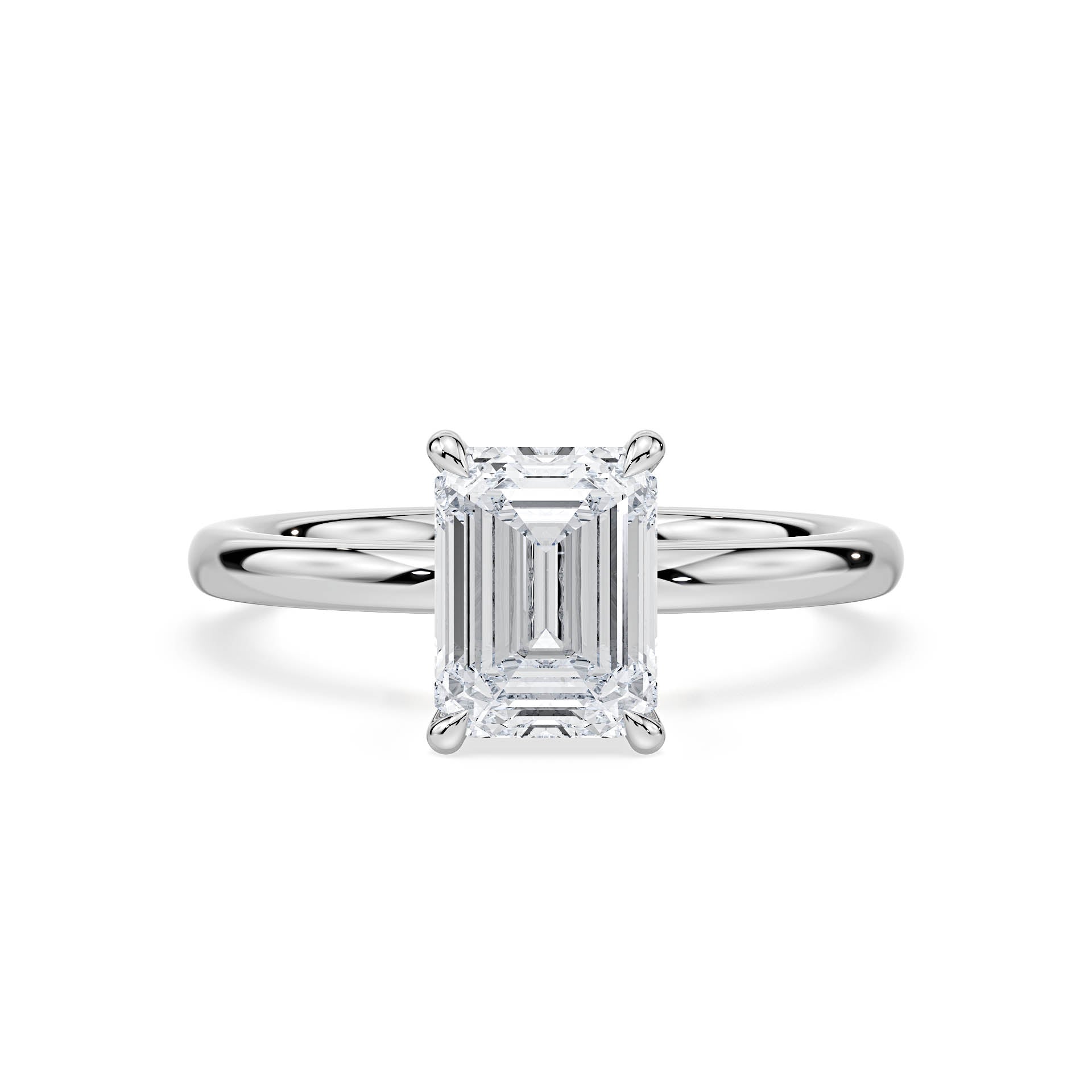 4-CLAW SOLITAIRE EMERALD CUT DIAMOND ENGAGEMENT RING WITH HIDDEN HALO in 18ct White Gold