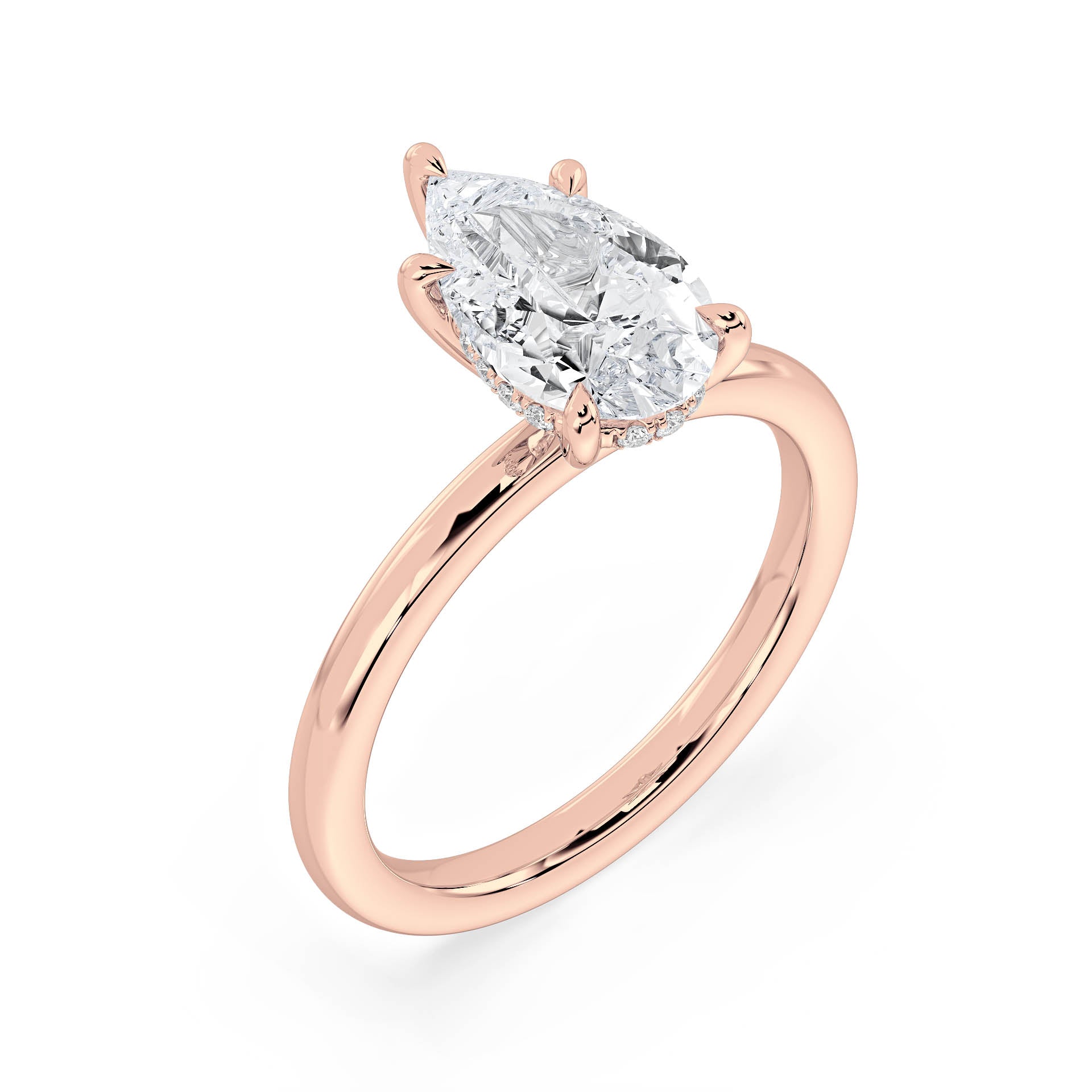 5-CLAW SOLITAIRE PEAR SHAPE DIAMOND ENGAGEMENT RING WITH HIDDEN HALO in 18ct Rose Gold