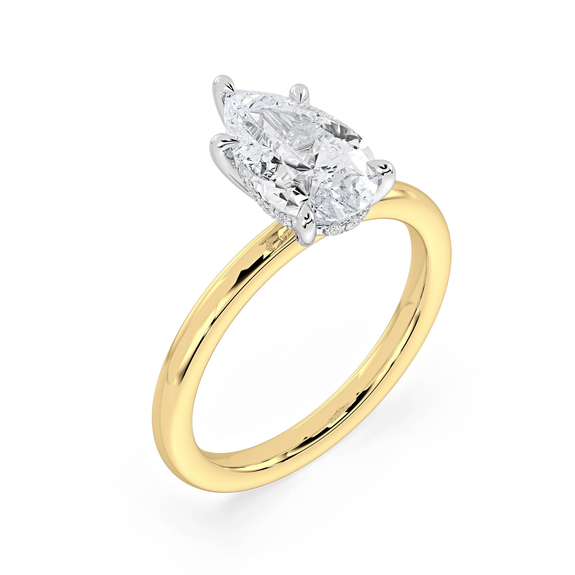 5-CLAW SOLITAIRE PEAR SHAPE DIAMOND ENGAGEMENT RING WITH HIDDEN HALO in 18ct Two Tone Gold