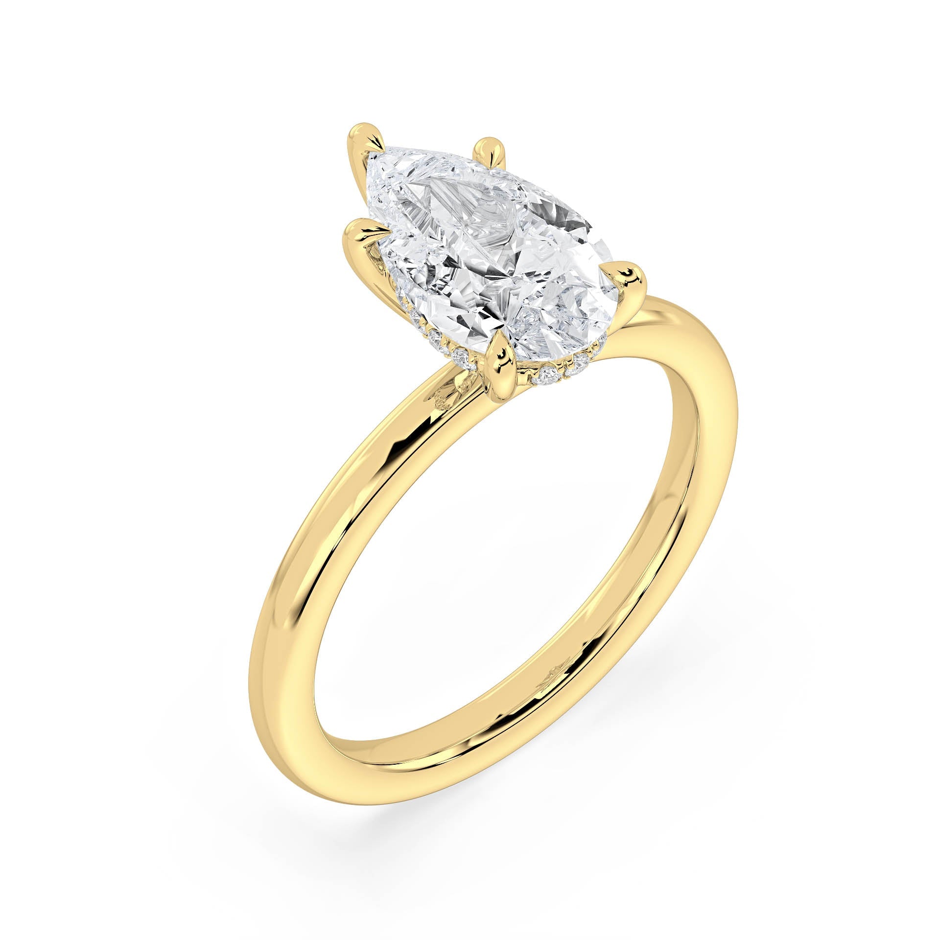 5-CLAW SOLITAIRE PEAR SHAPE DIAMOND ENGAGEMENT RING WITH HIDDEN HALO in 18ct Yellow Gold