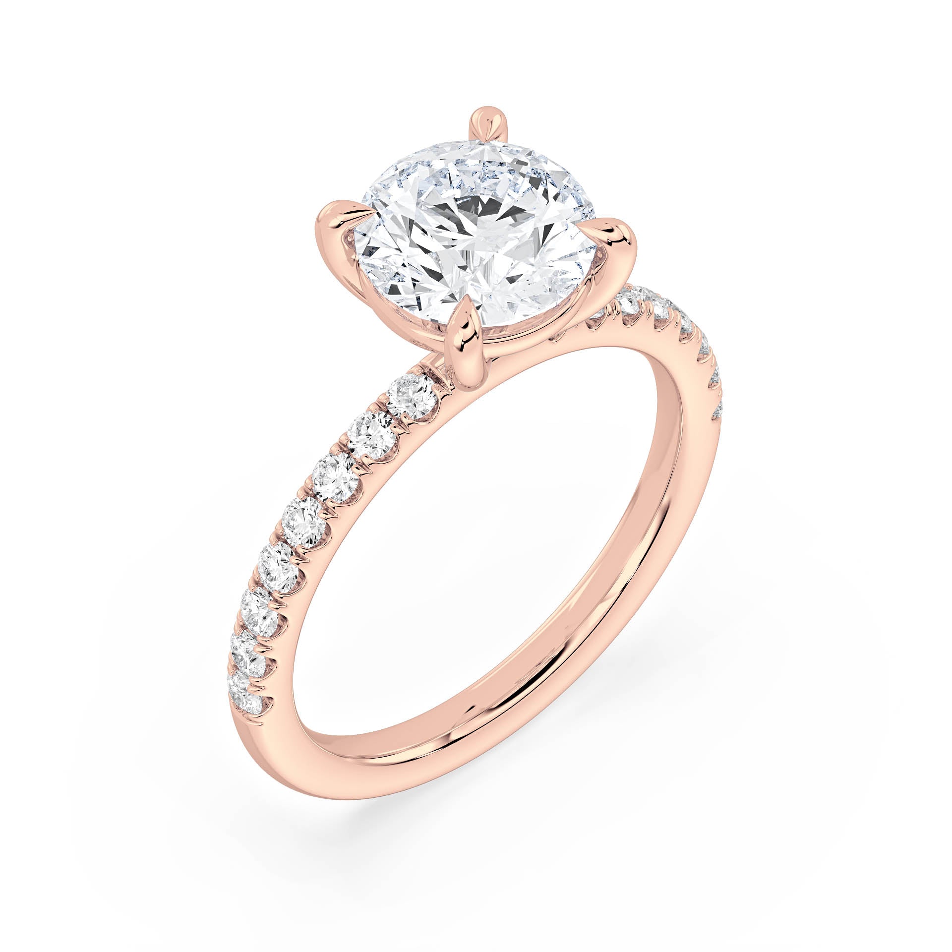 4-CLAW SOLITAIRE ROUND DIAMOND ENGAGEMENT RING WITH SMALL ROUND SHOULDER DIAMONDS in 18ct Rose Gold