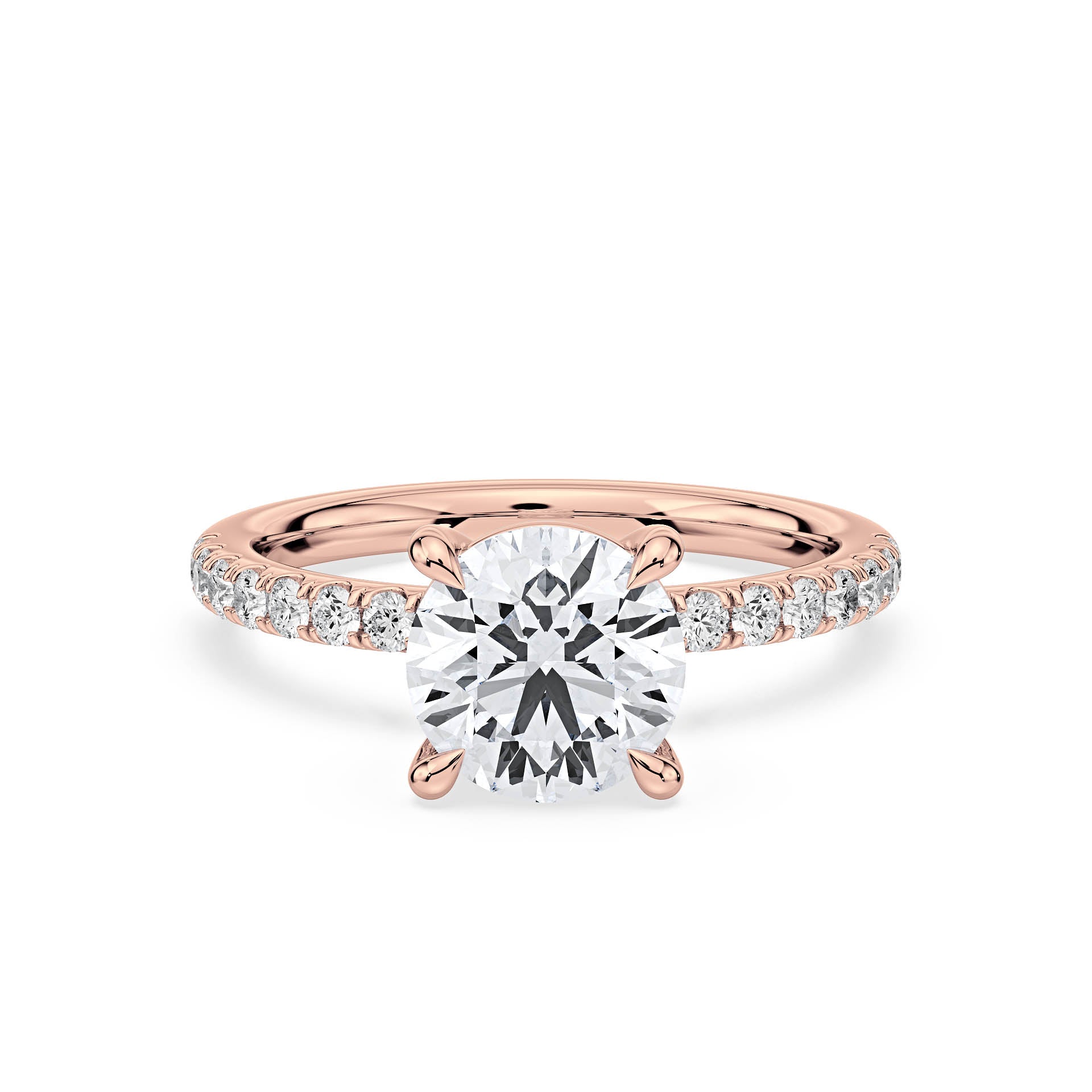 4-CLAW SOLITAIRE ROUND DIAMOND ENGAGEMENT RING WITH SMALL ROUND SHOULDER DIAMONDS in 18ct Rose Gold