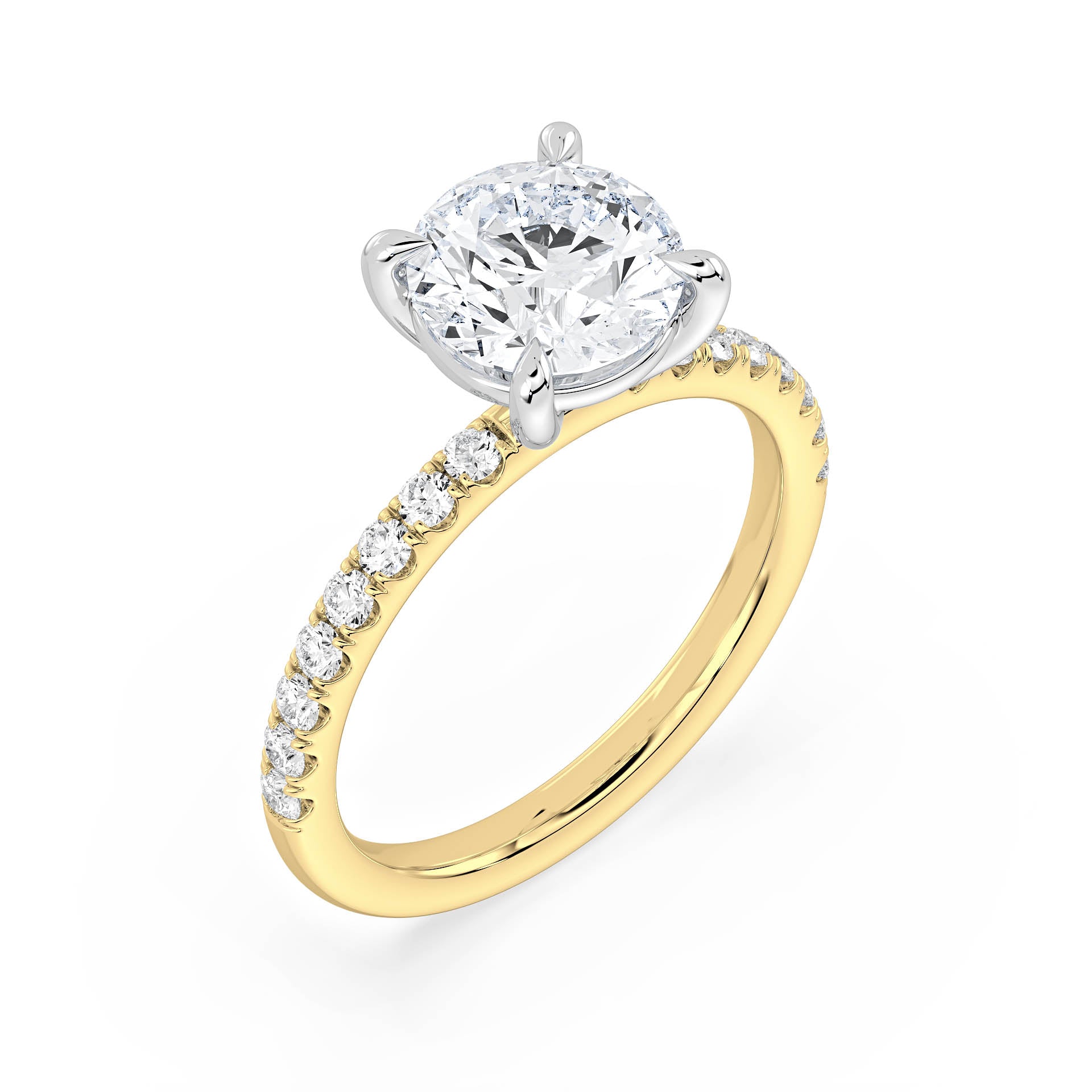 4-CLAW SOLITAIRE ROUND DIAMOND ENGAGEMENT RING WITH SMALL ROUND SHOULDER DIAMONDS in 18ct Two Tone Gold