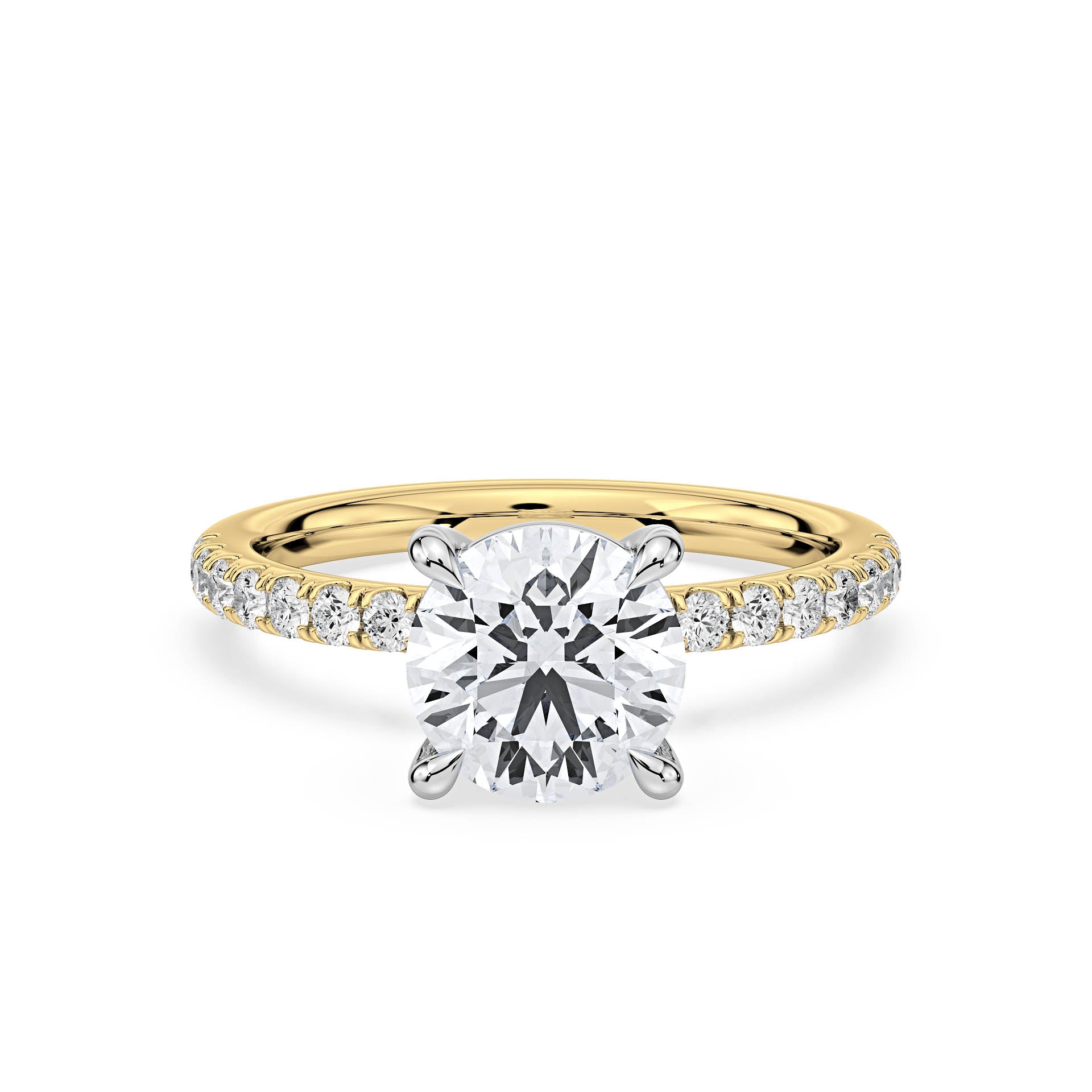 4-CLAW SOLITAIRE ROUND DIAMOND ENGAGEMENT RING WITH SMALL ROUND SHOULDER DIAMONDS in 18ct Two Tone Gold