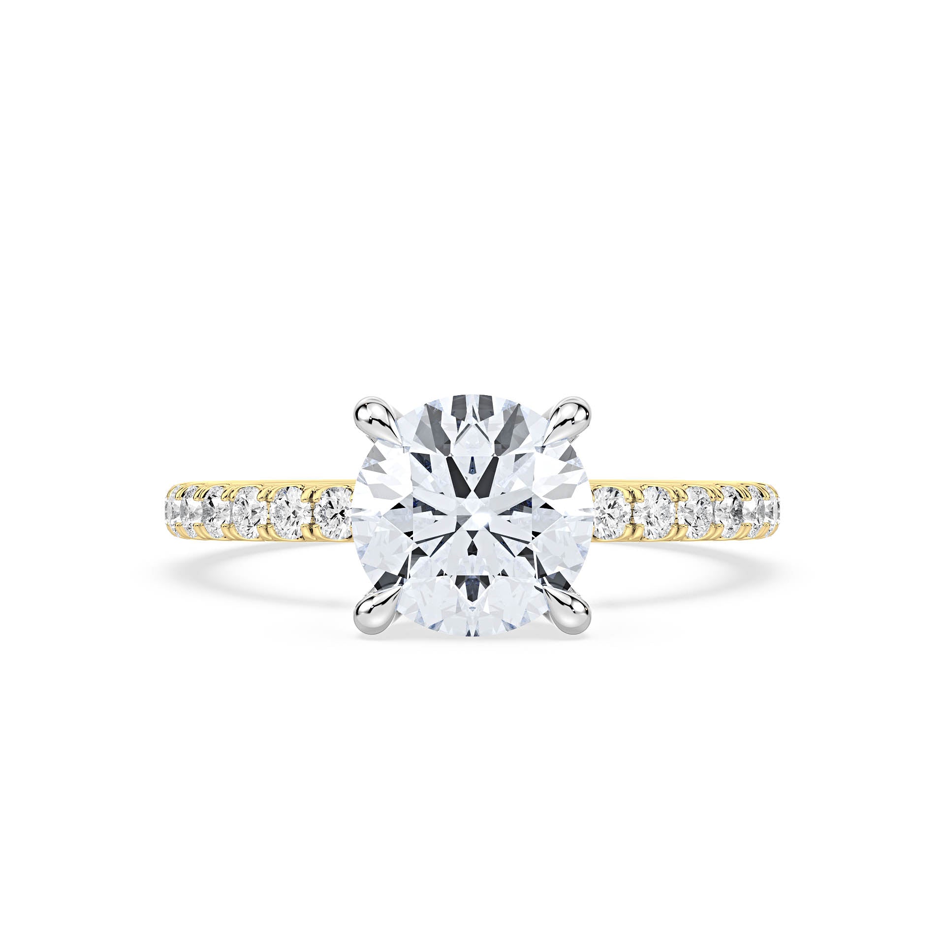 4-CLAW SOLITAIRE ROUND DIAMOND ENGAGEMENT RING WITH SMALL ROUND SHOULDER DIAMONDS in 18ct Two Tone Gold