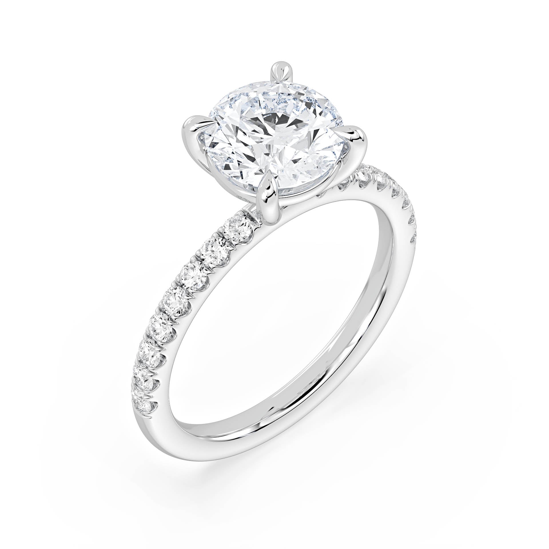 4-CLAW SOLITAIRE ROUND DIAMOND ENGAGEMENT RING WITH SMALL ROUND SHOULDER DIAMONDS in 18ct White Gold