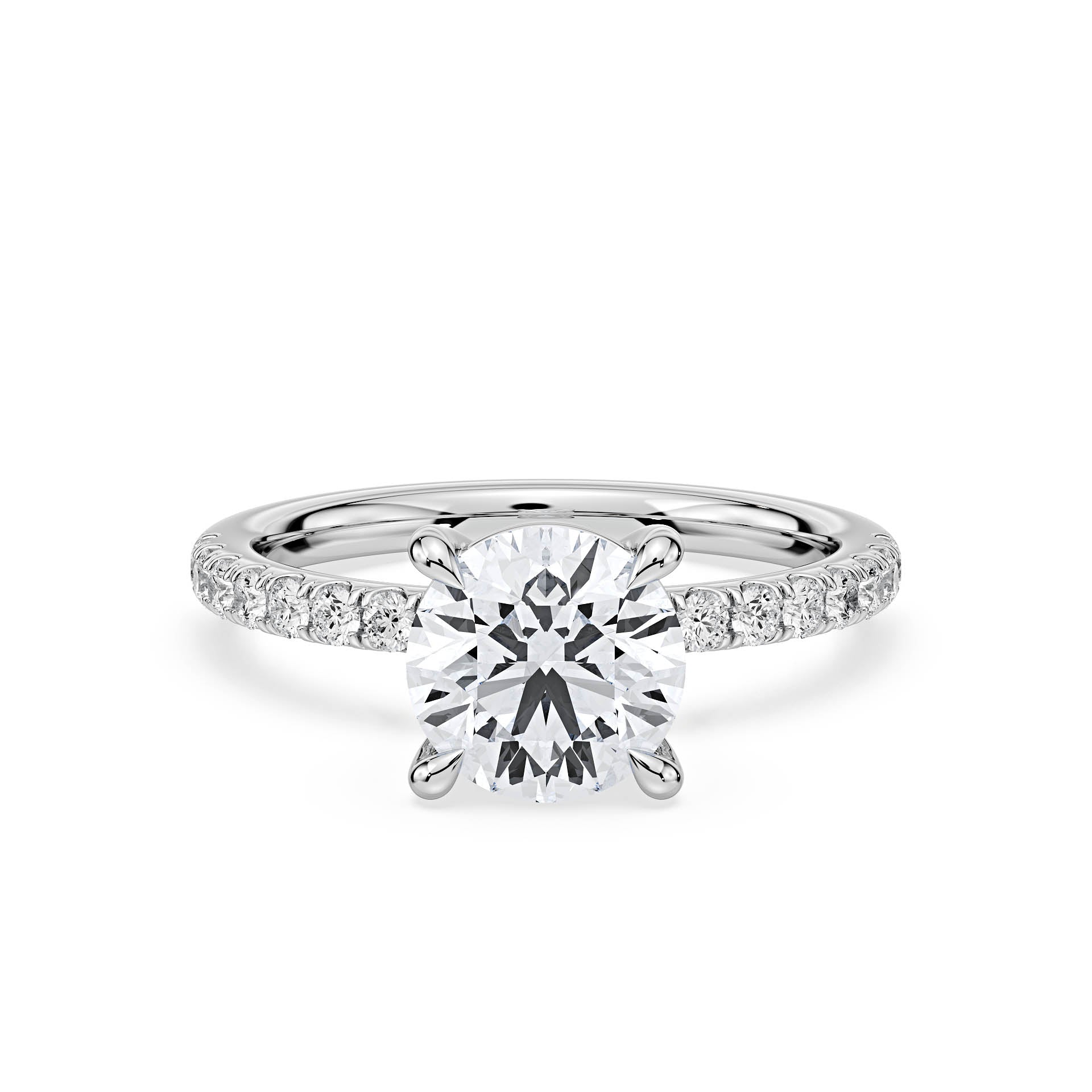 4-CLAW SOLITAIRE ROUND DIAMOND ENGAGEMENT RING WITH SMALL ROUND SHOULDER DIAMONDS in 18ct White Gold