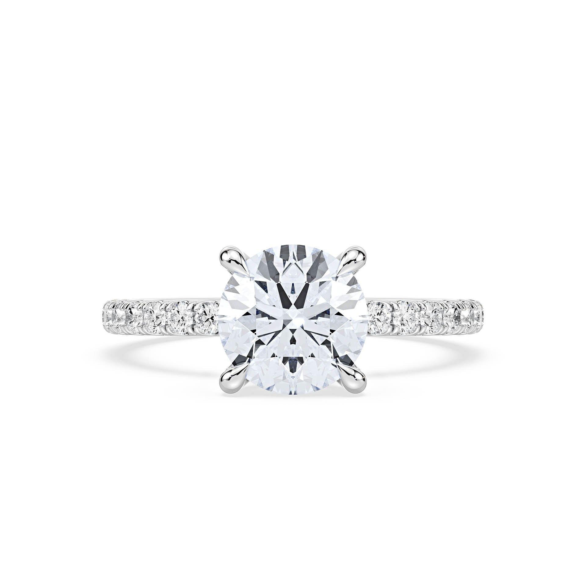 4-CLAW SOLITAIRE ROUND DIAMOND ENGAGEMENT RING WITH SMALL ROUND SHOULDER DIAMONDS in 18ct White Gold