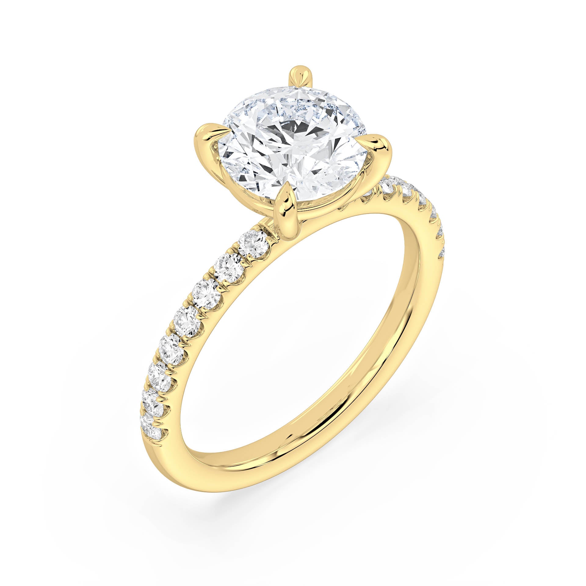 4-CLAW SOLITAIRE ROUND DIAMOND ENGAGEMENT RING WITH SMALL ROUND SHOULDER DIAMONDS in 18ct Yellow Gold