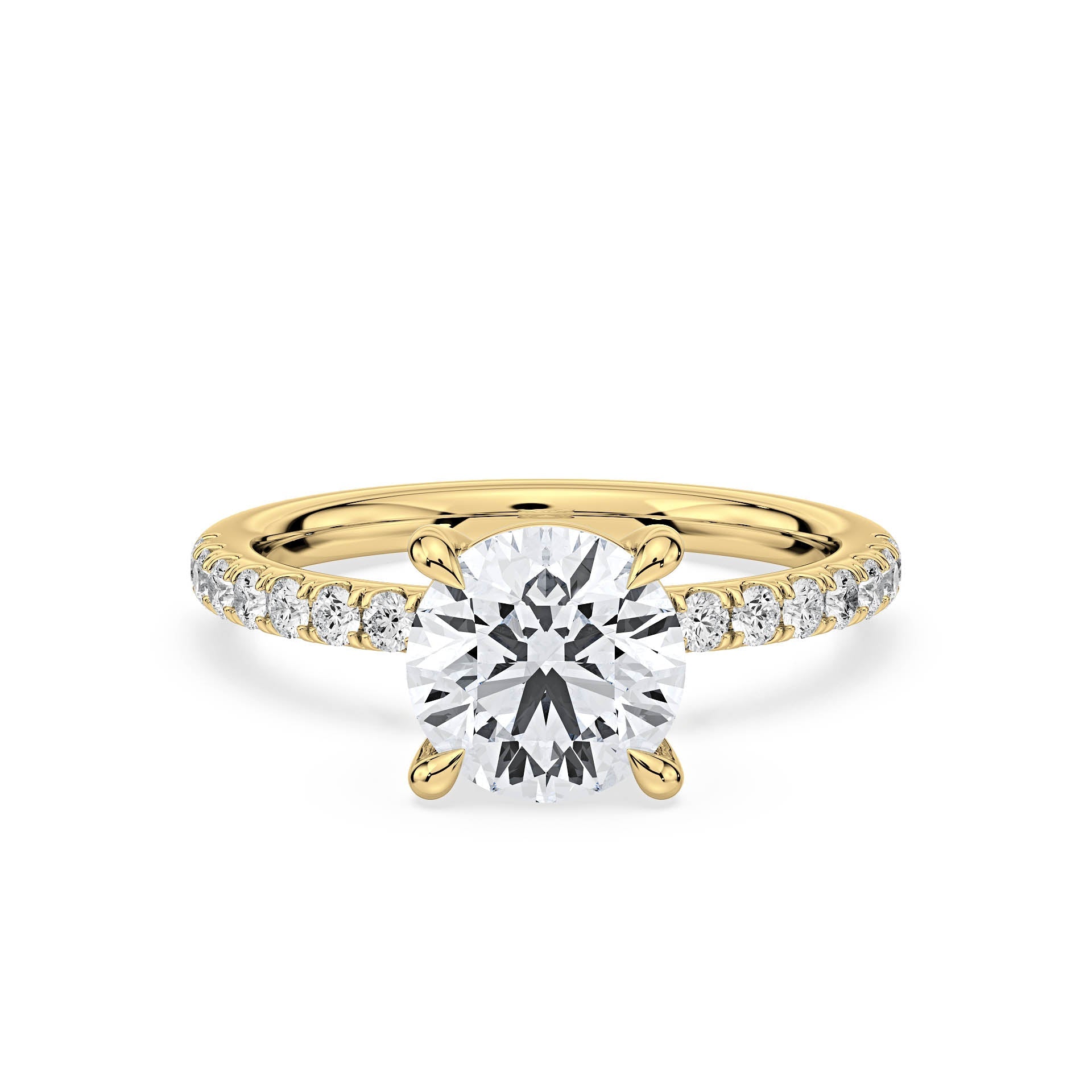 4-CLAW SOLITAIRE ROUND DIAMOND ENGAGEMENT RING WITH SMALL ROUND SHOULDER DIAMONDS in 18ct Yellow Gold