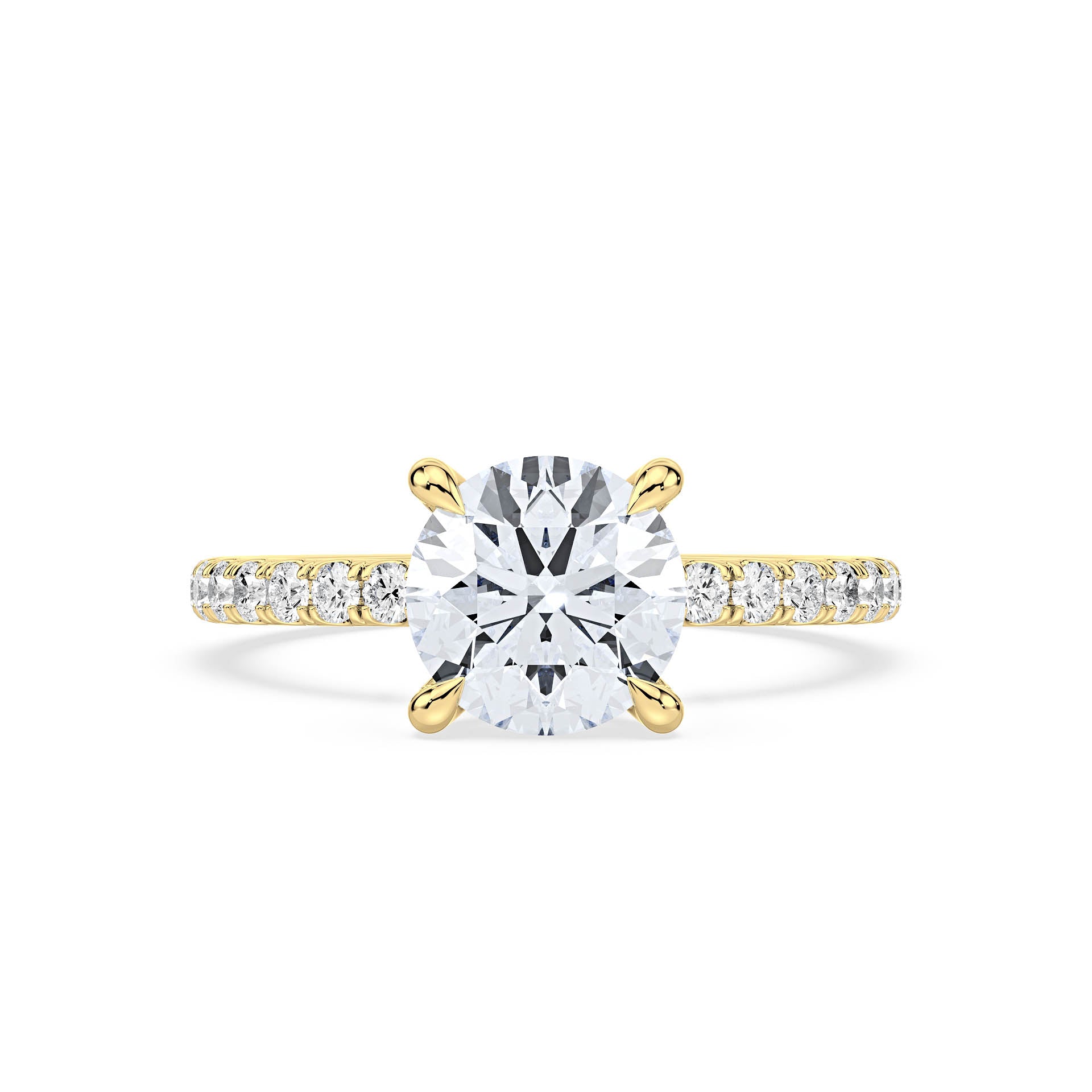 4-CLAW SOLITAIRE ROUND DIAMOND ENGAGEMENT RING WITH SMALL ROUND SHOULDER DIAMONDS in 18ct Yellow Gold