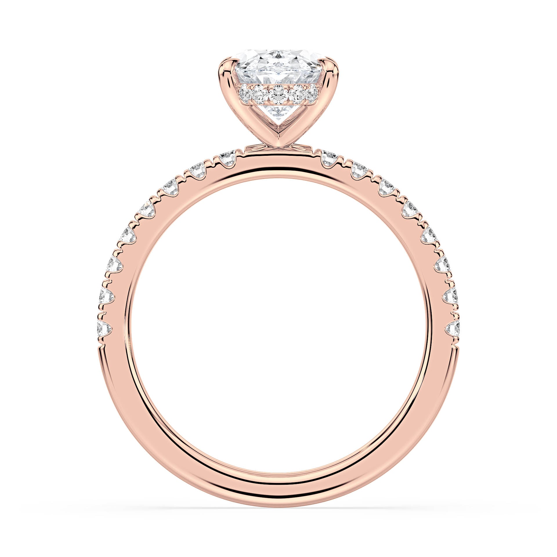 4-CLAW SOLITAIRE OVAL DIAMOND ENGAGEMENT RING WITH SMALL ROUND SHOULDER DIAMONDS AND HIDDEN HALO in 18ct Rose Gold