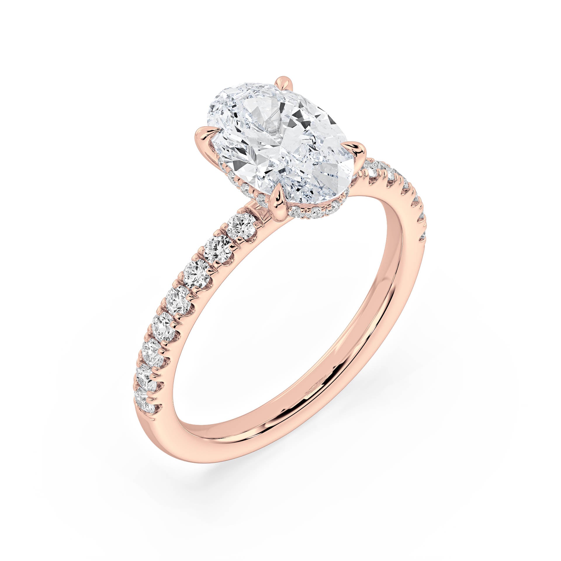 4-CLAW SOLITAIRE OVAL DIAMOND ENGAGEMENT RING WITH SMALL ROUND SHOULDER DIAMONDS AND HIDDEN HALO in 18ct Rose Gold