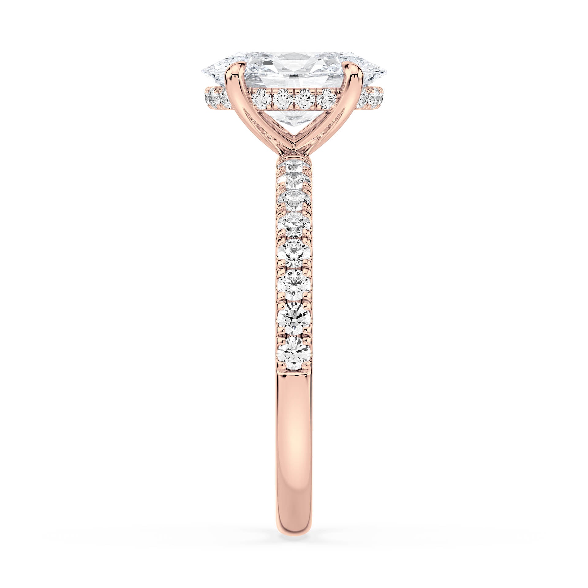 4-CLAW SOLITAIRE OVAL DIAMOND ENGAGEMENT RING WITH SMALL ROUND SHOULDER DIAMONDS AND HIDDEN HALO in 18ct Rose Gold